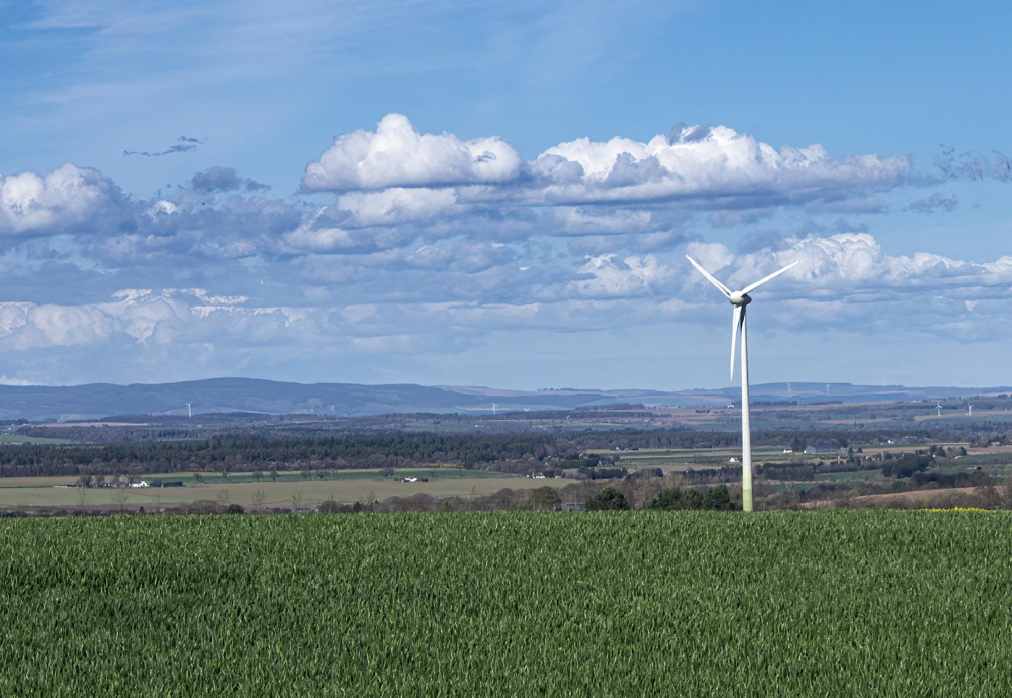 Wind turbine powering a farm in Scotland.