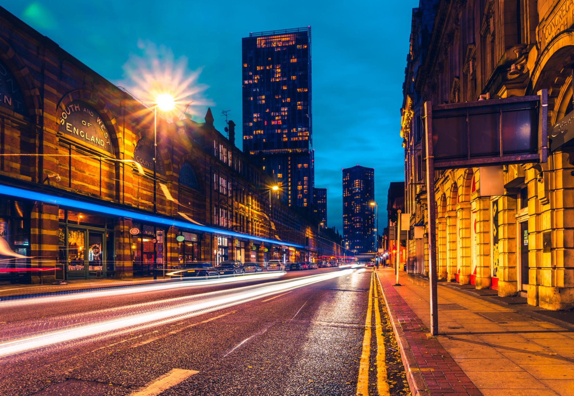 Long exposure shot of Manchester centre at night