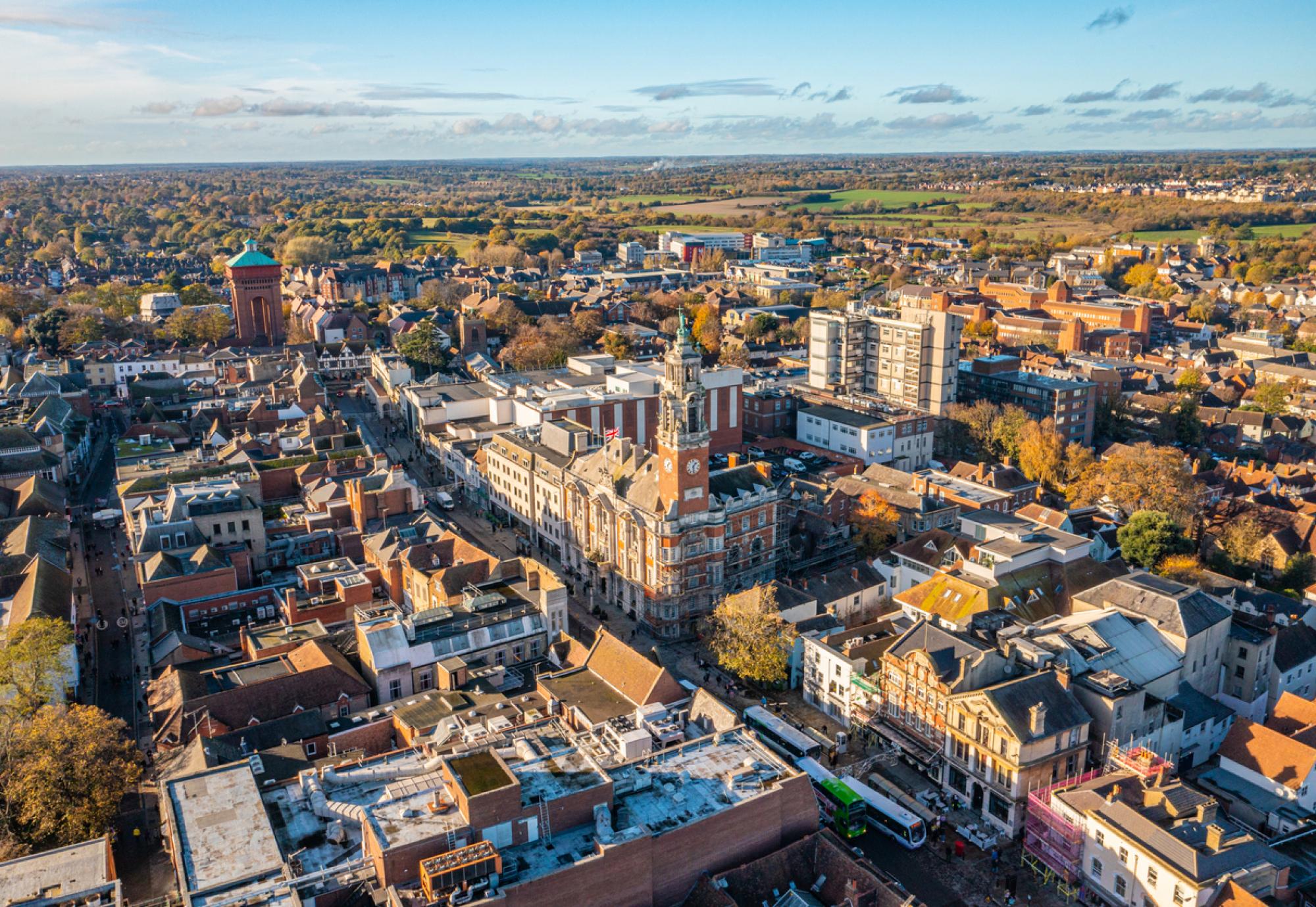 Aerial photo from a drone of Colchester City Centre, Essex
