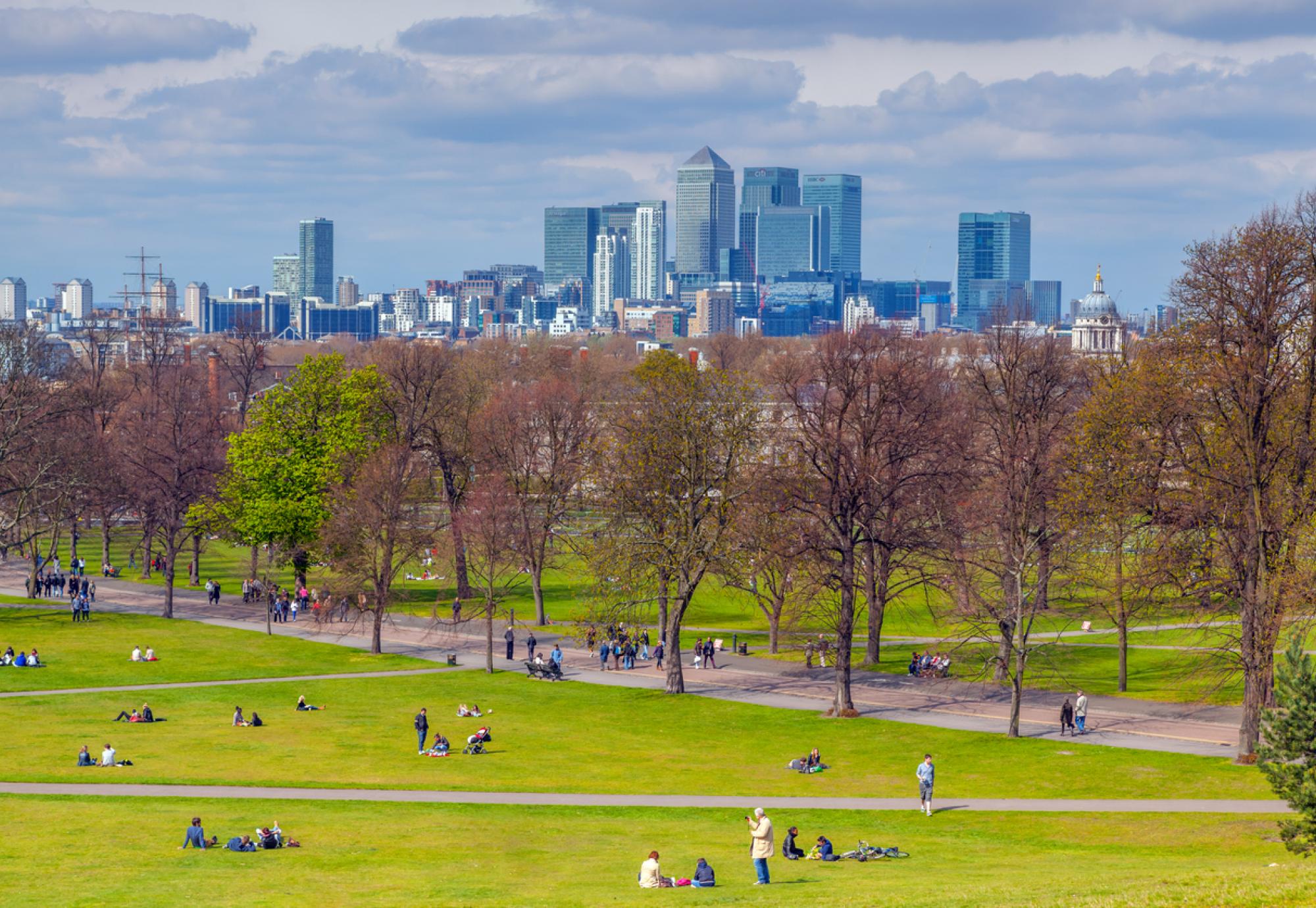 greenwich park with canary wharf in the backgroubd