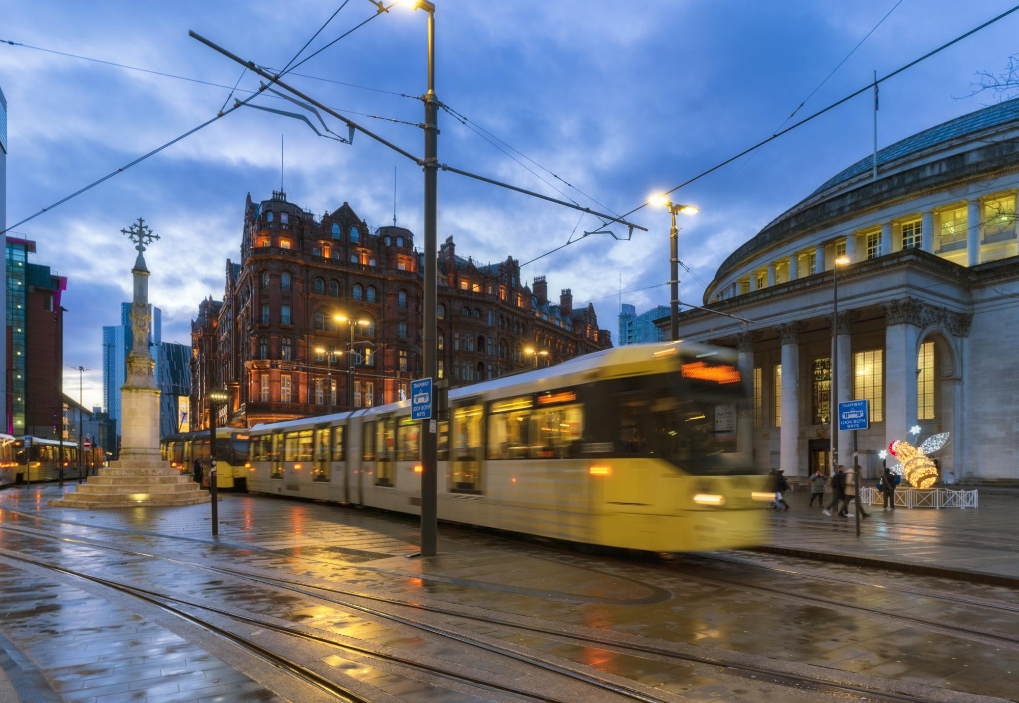 Blurred tram in Manchester