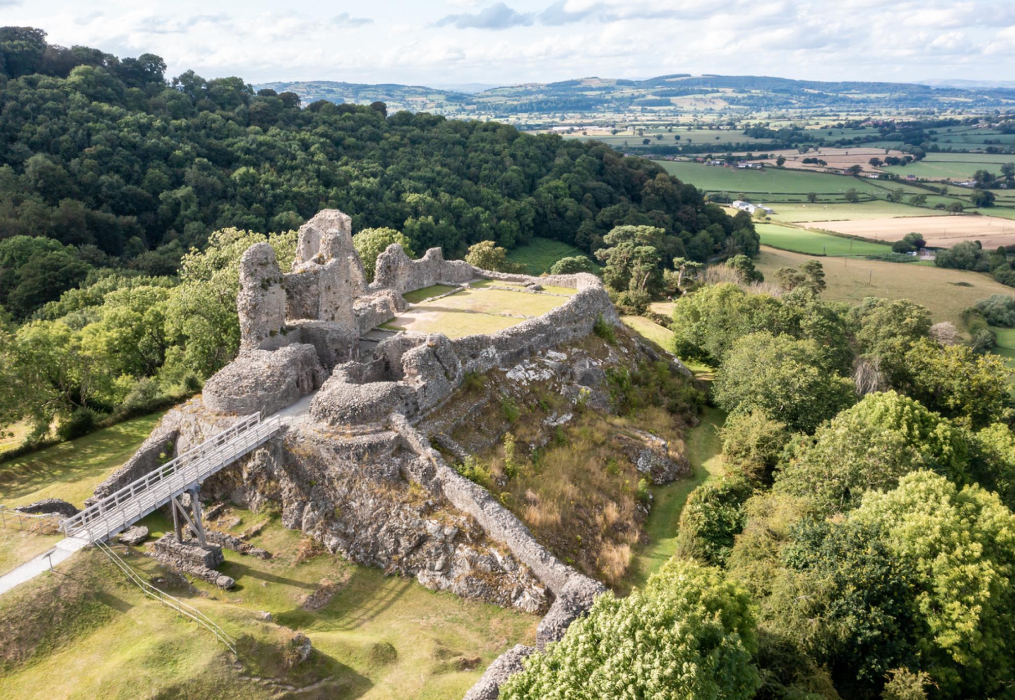 Aerial view of Montgomery Castle ruin in Wales borderland