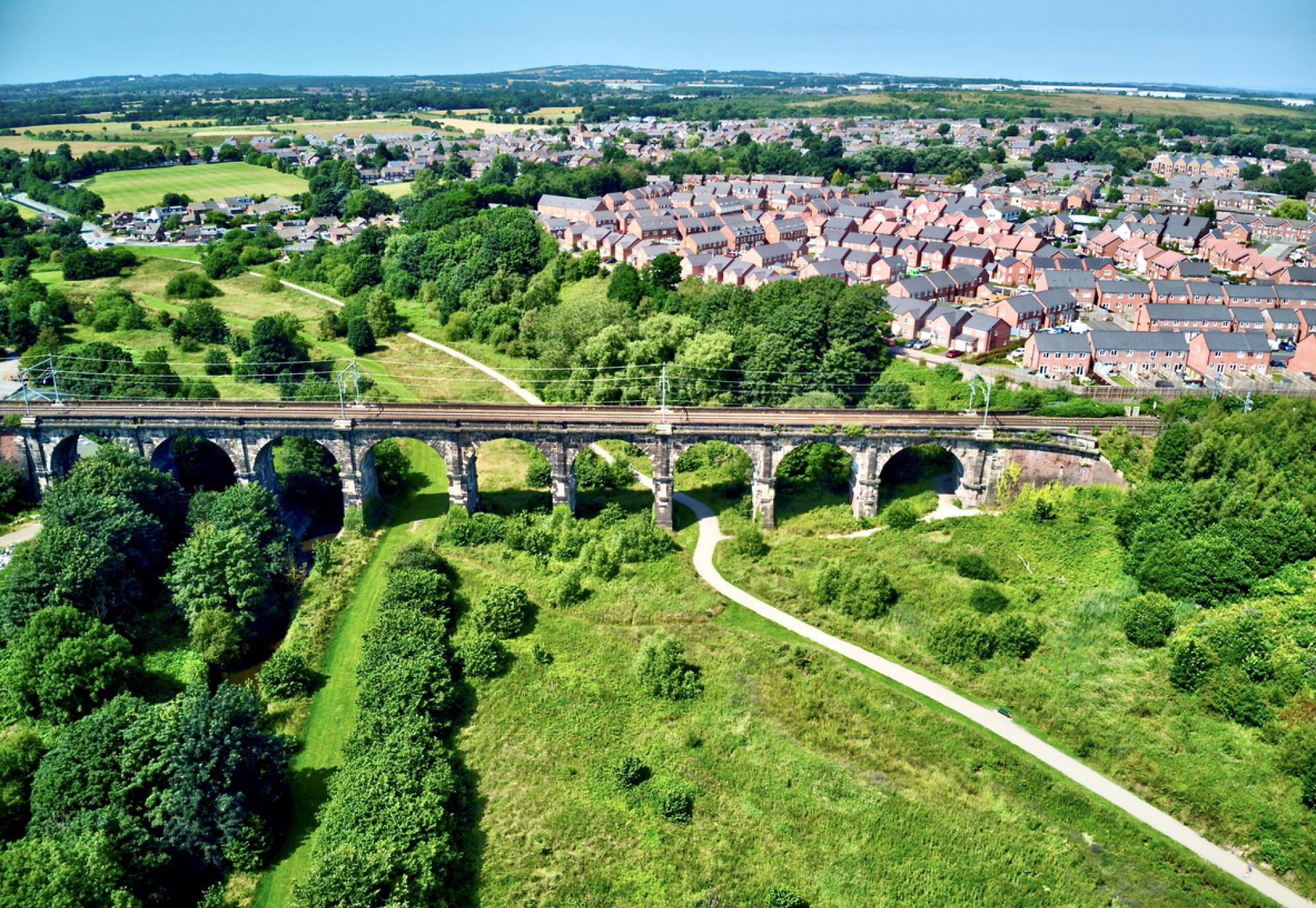 Aerial view of the nine arches viaduct in St Helens