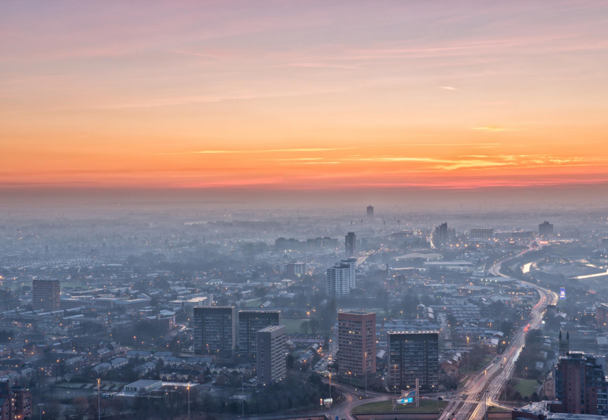 Dusk view of Manchester, looking over towards Salford