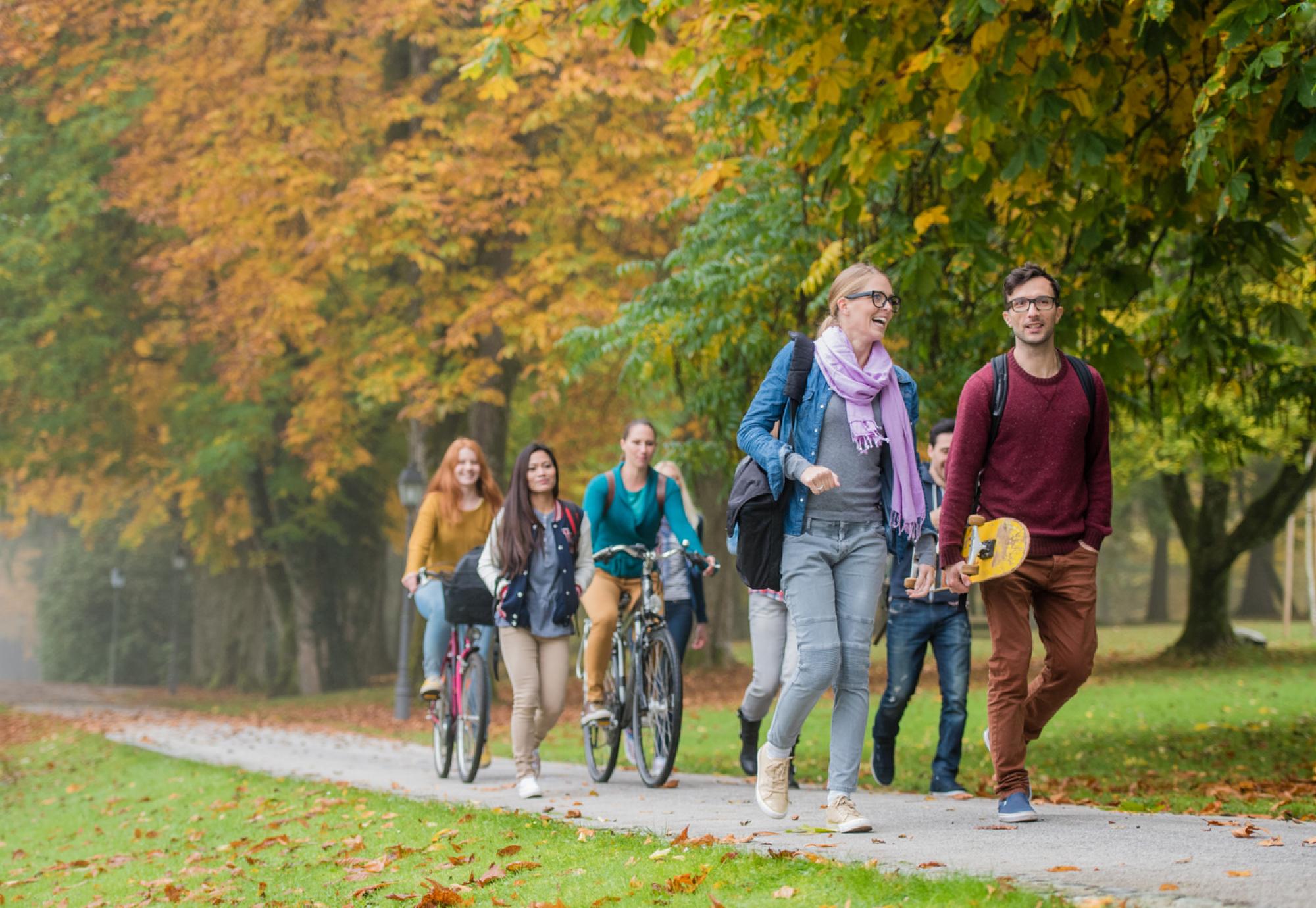 People walking and cycling on a path