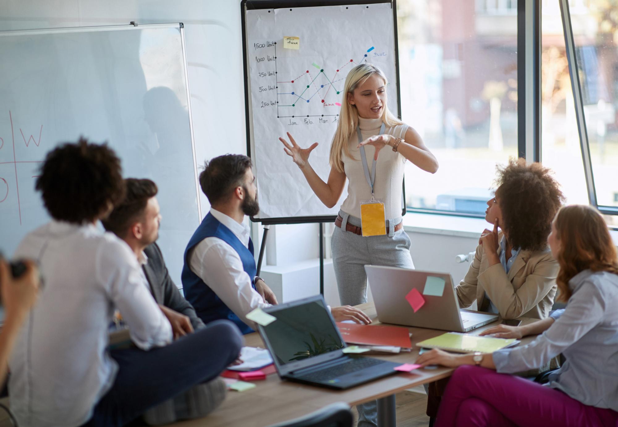 Business woman present her idea to working team