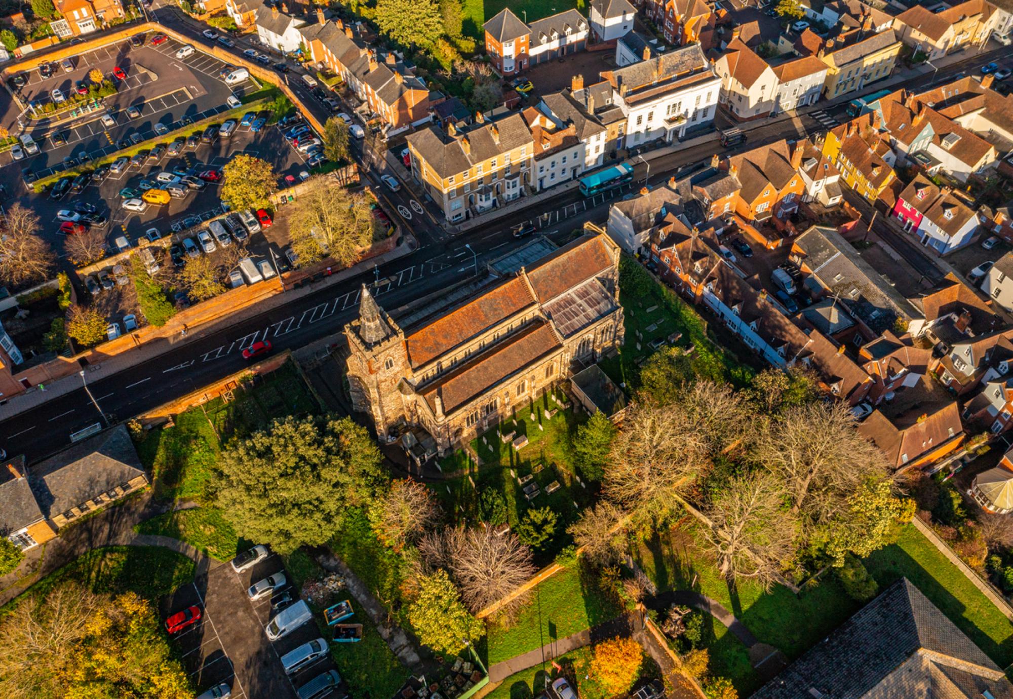 Aerial photo from a drone of St James' Church in Colchester City Centre in Essex, UK