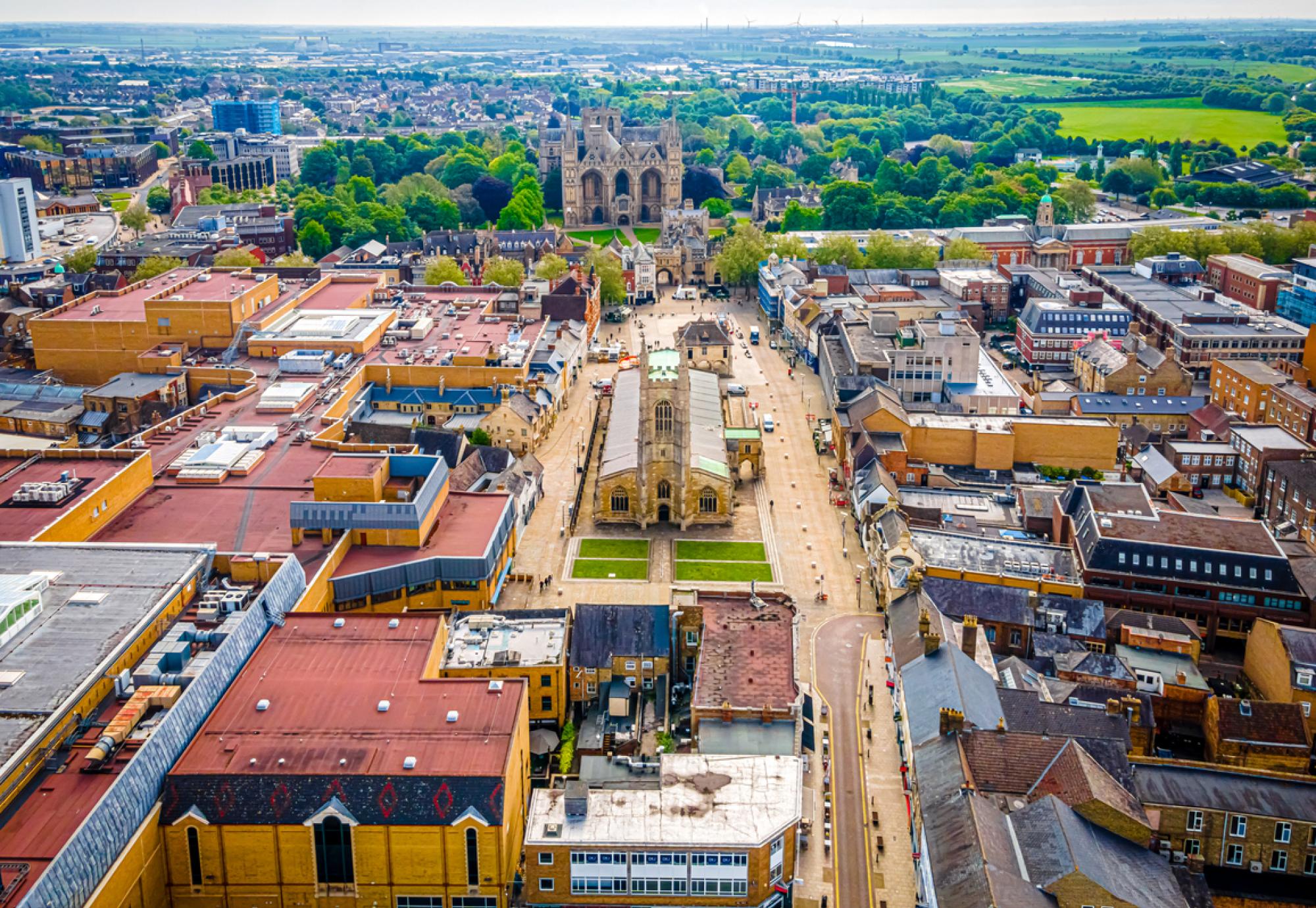 Aerial view of Peterborough Cathedral, also known as Saint Peter's Cathedral, in the United Kingdom, UK