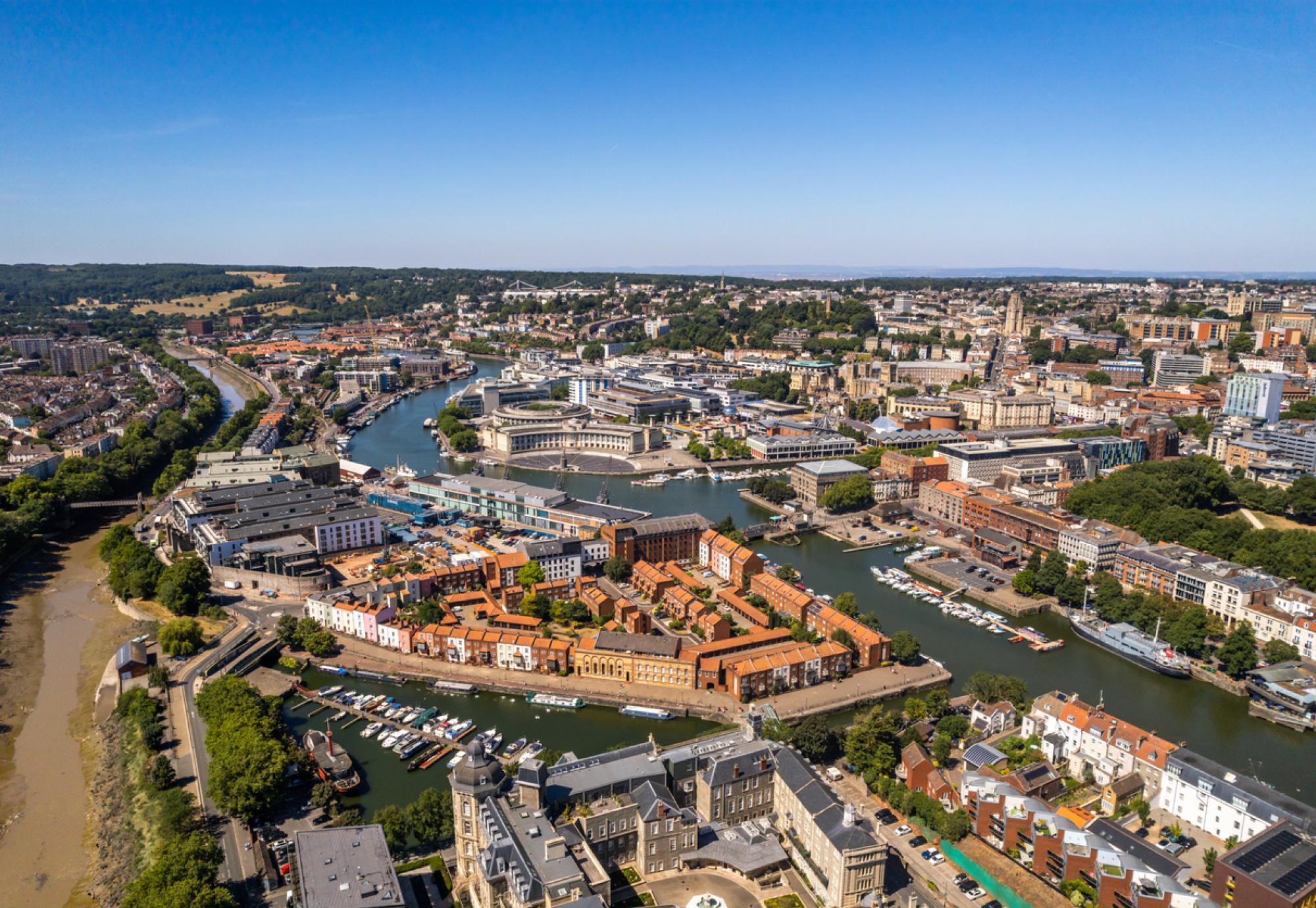 Bristol United Kingdom aerial shot of central city including canals