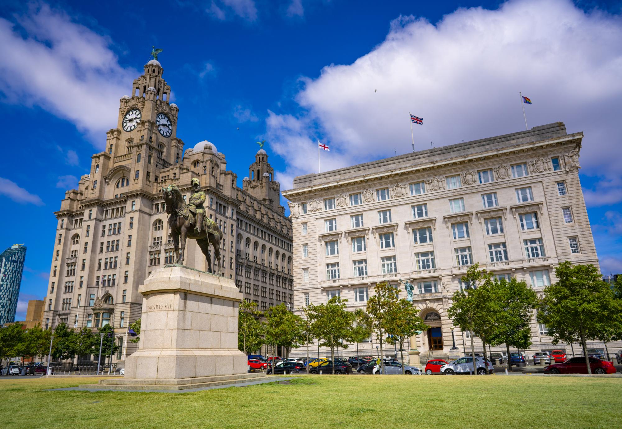 Liverpool Pier head Edward Vll Statue with Royal Liver building and Cunard building in England UK United Kingdom