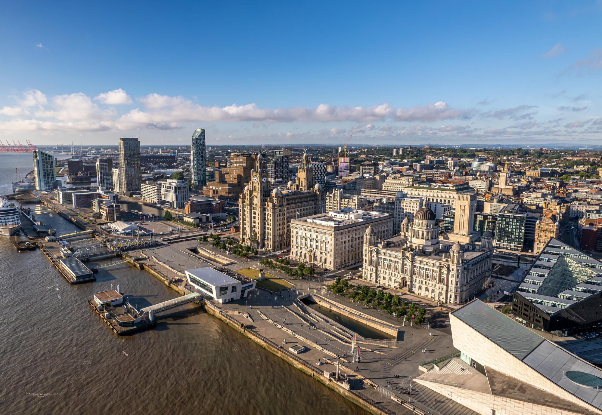 The drone aerial view of the city of Liverpool in England