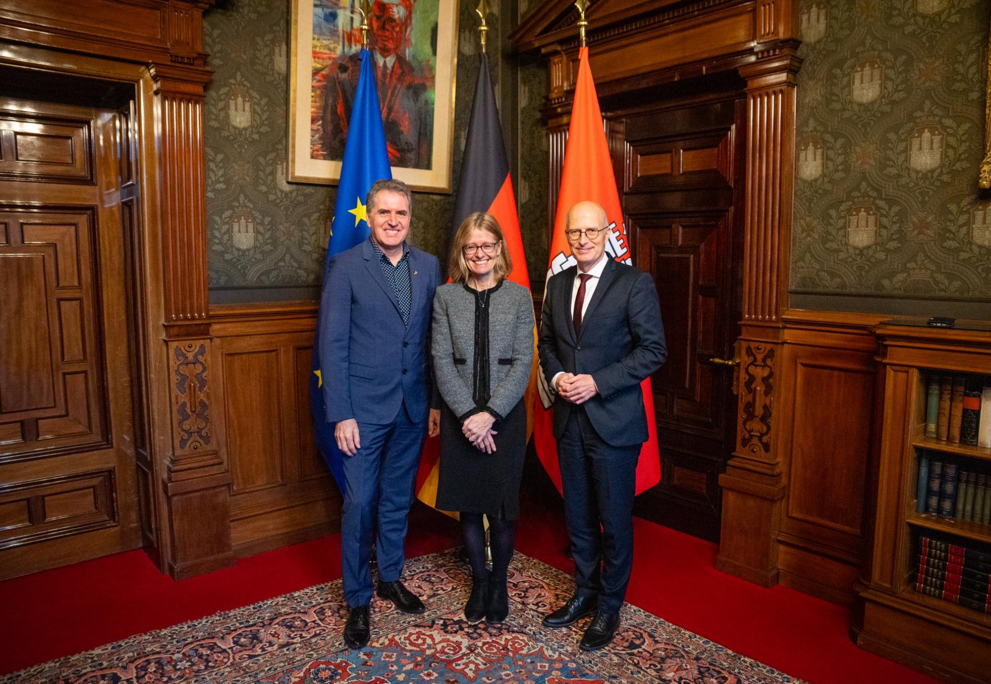 Image of Steve Rotheram with the Mayor of Hamburg and the British Ambassador to Germany