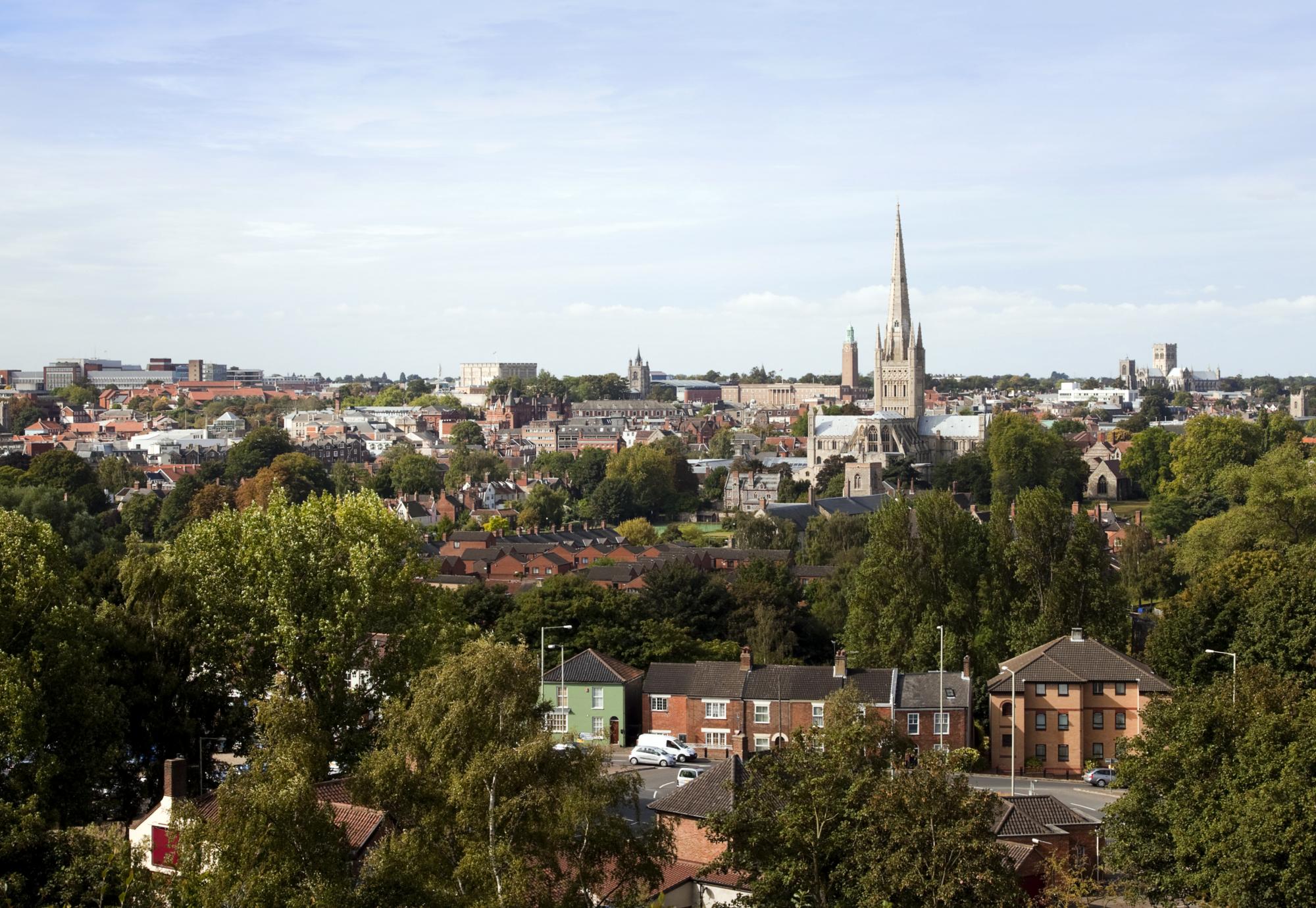 A view over the city of Norwich, in Norfolk, England