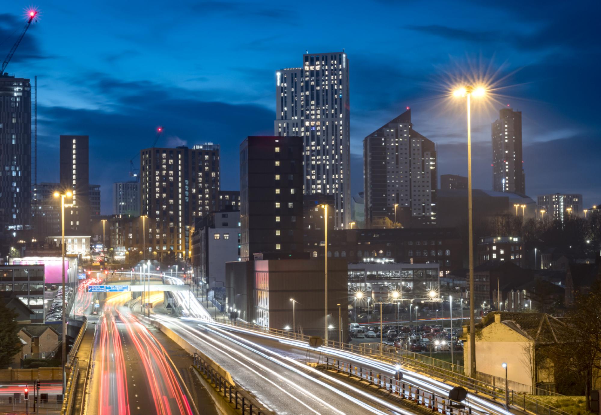 Cityscape night view of the Leeds skyline