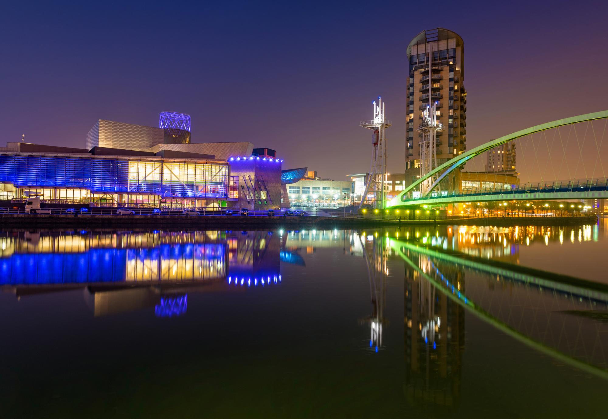 Salford Quays at night, Manchester, England, UK