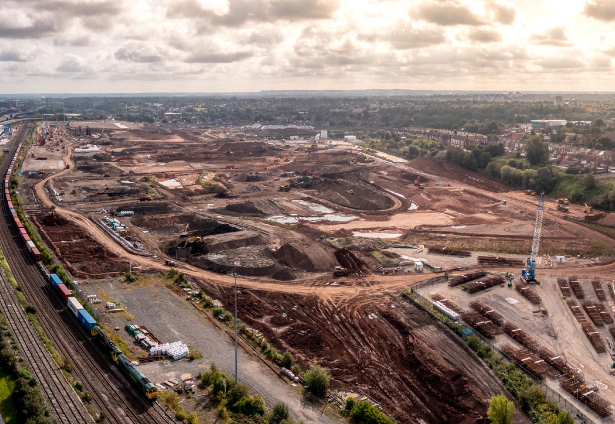 HS2 route and construction site running alongside current railway tracks near Washwood Heath on the outskirts of Birmingham