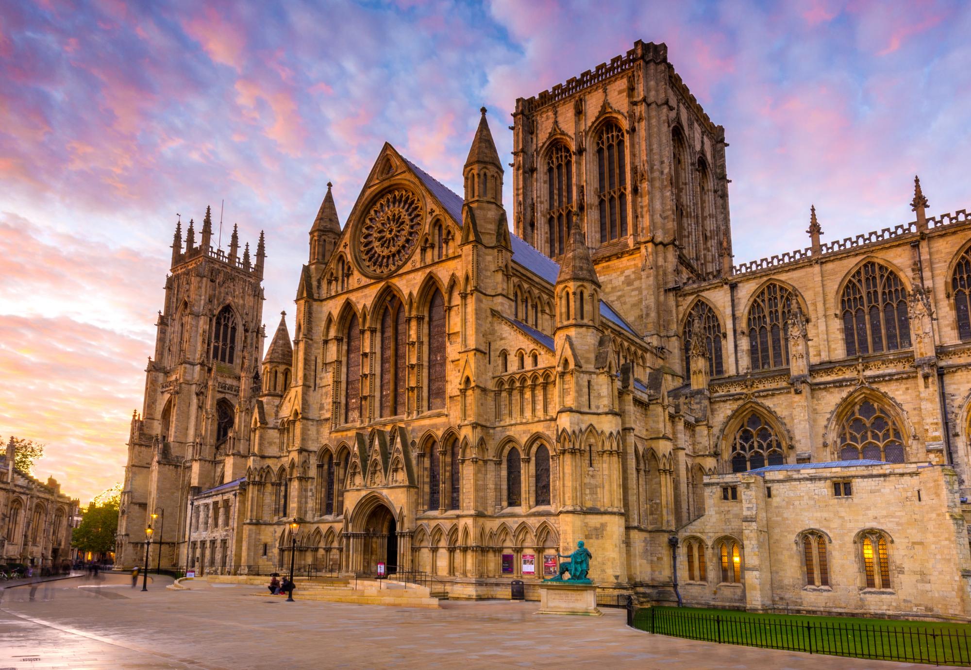 Wide angle view of York Minster at sunset in the city of York, Yorkshire