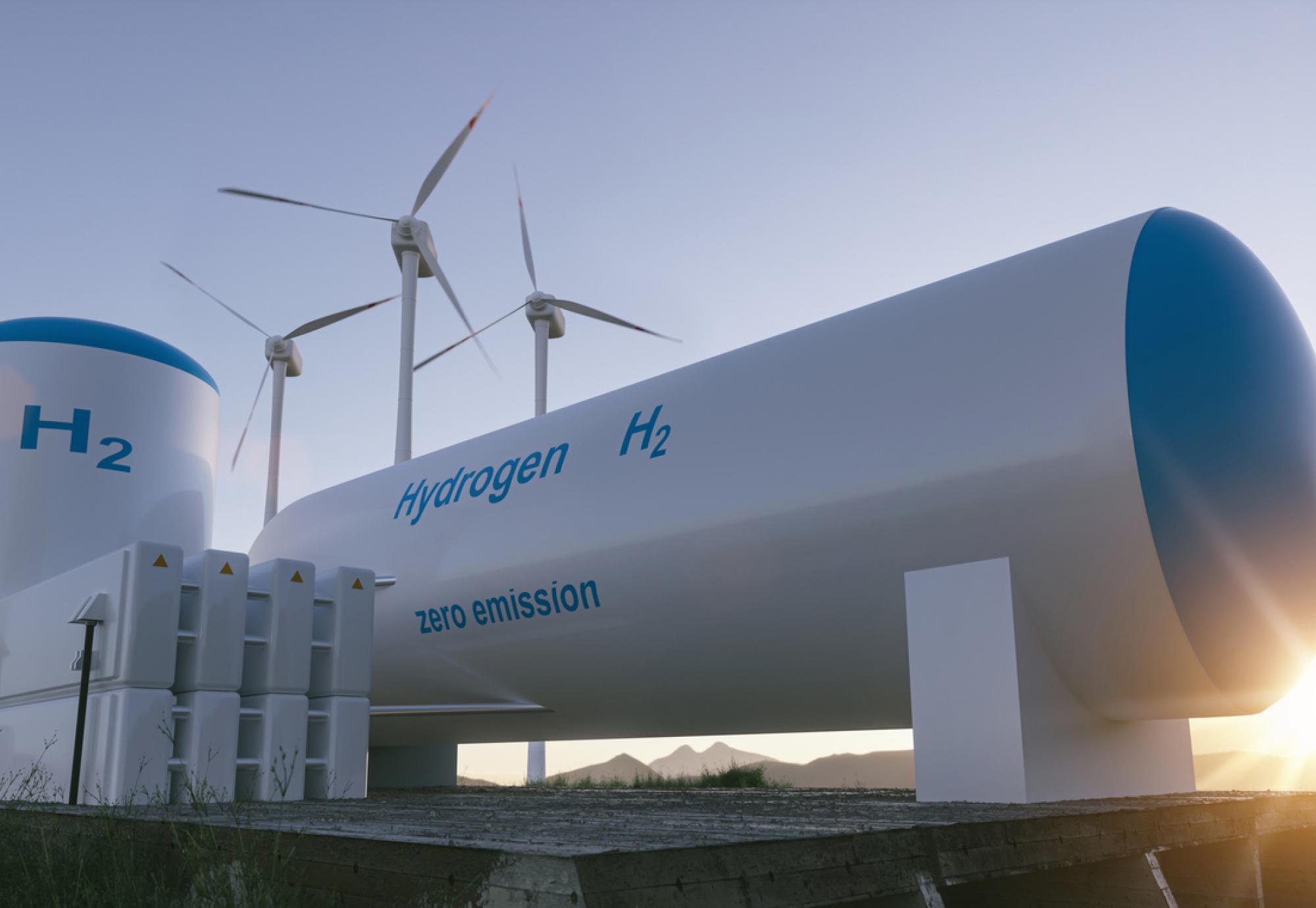 hydrogen gas for clean electricity solar and windturbine facility
