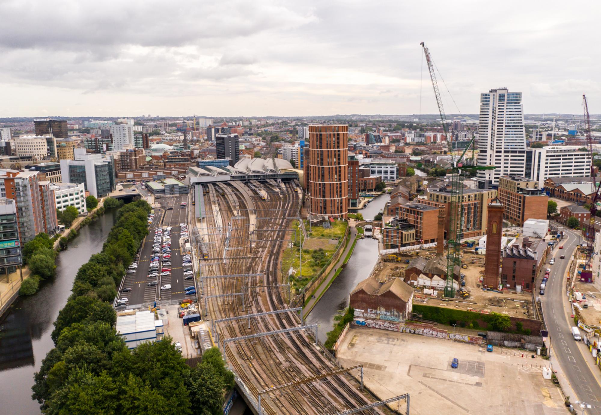 Aerial view of Leeds city centre and railway station