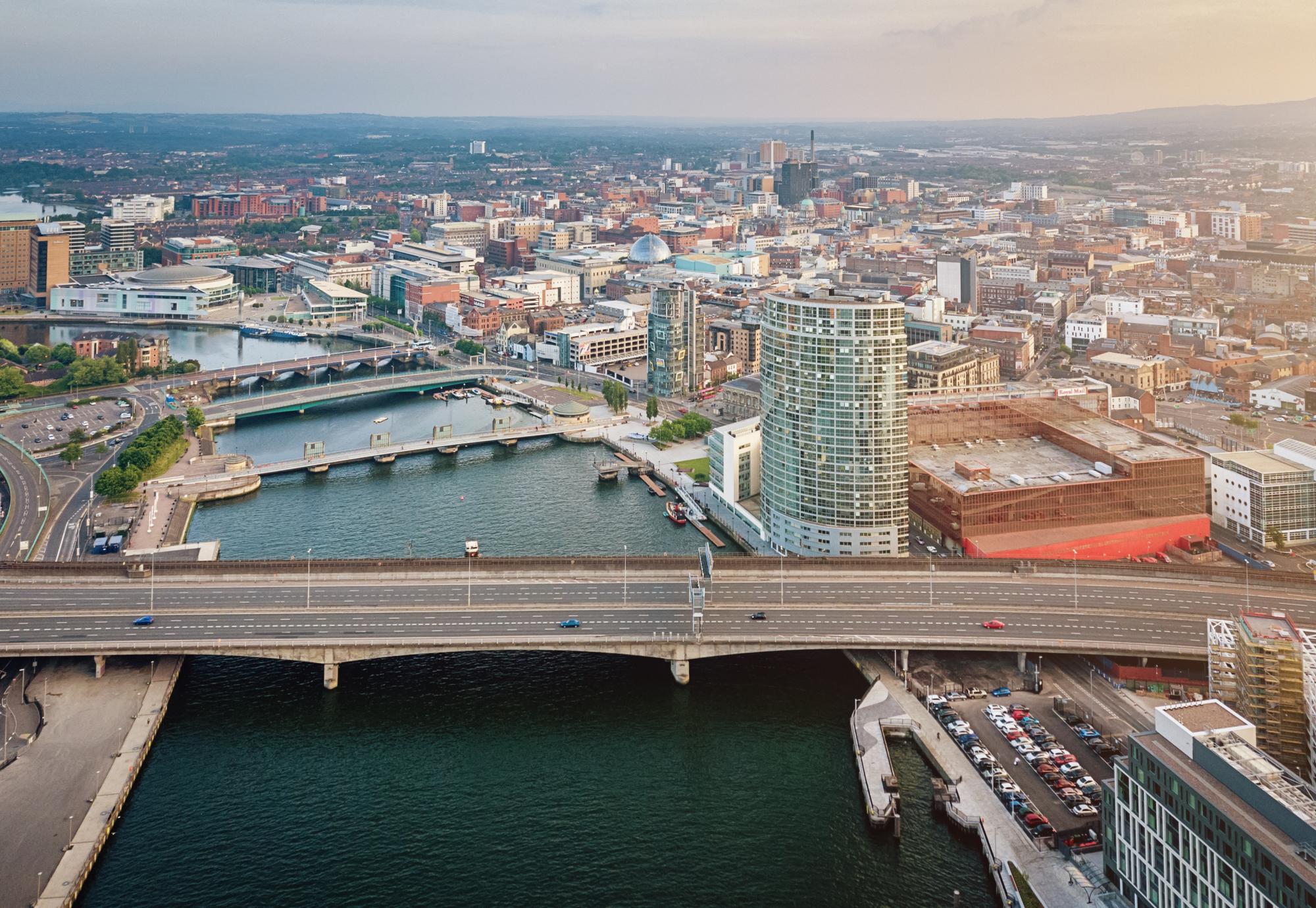 Aerial view over the City of Belfast along the River Lagan with Lagan Bridge in the foreground