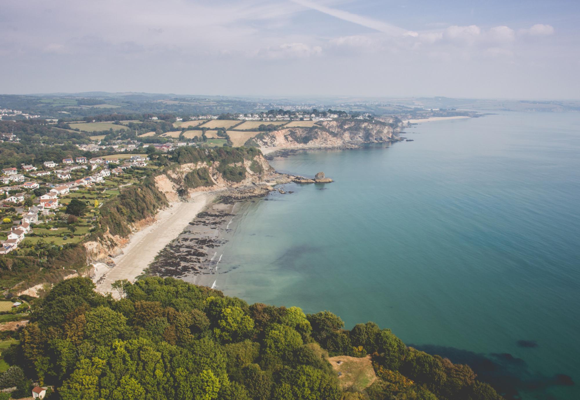 An aerial photo looking across the coastline in St Austell, Cornwall