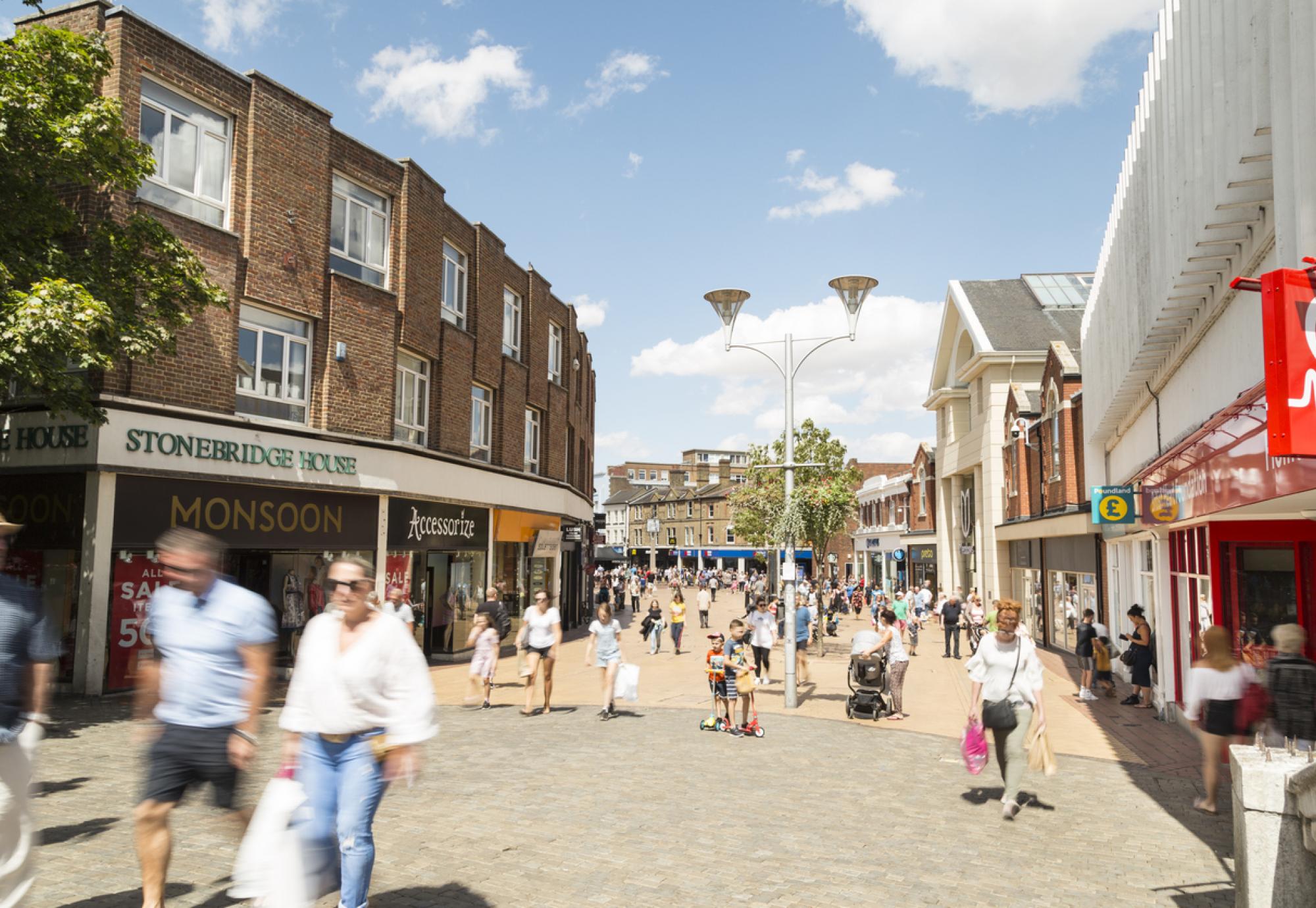 British people enjoying walk in sunny nice weekend on the Chelmsford High street