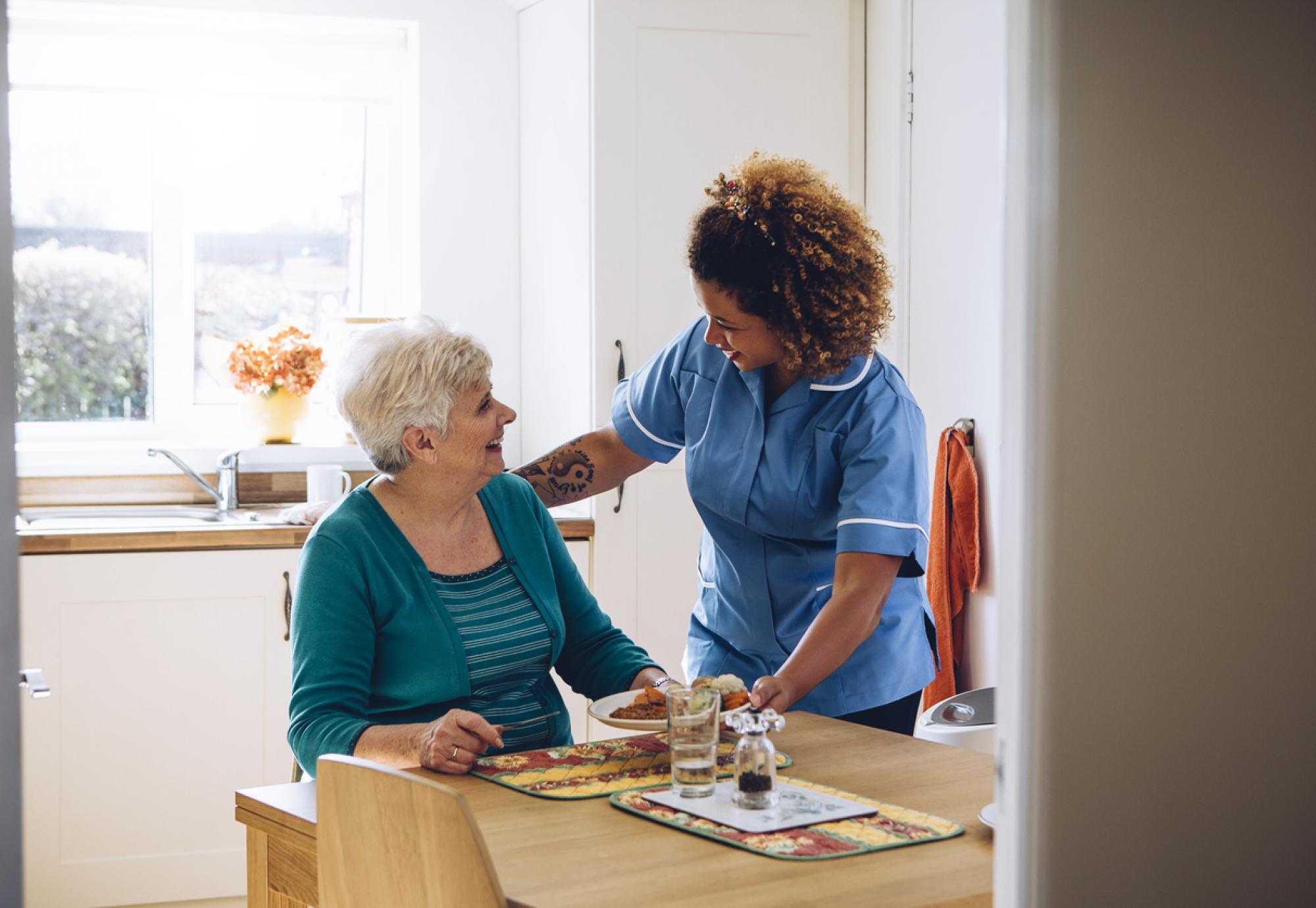 Care worker giving an old lady her dinner in her home.