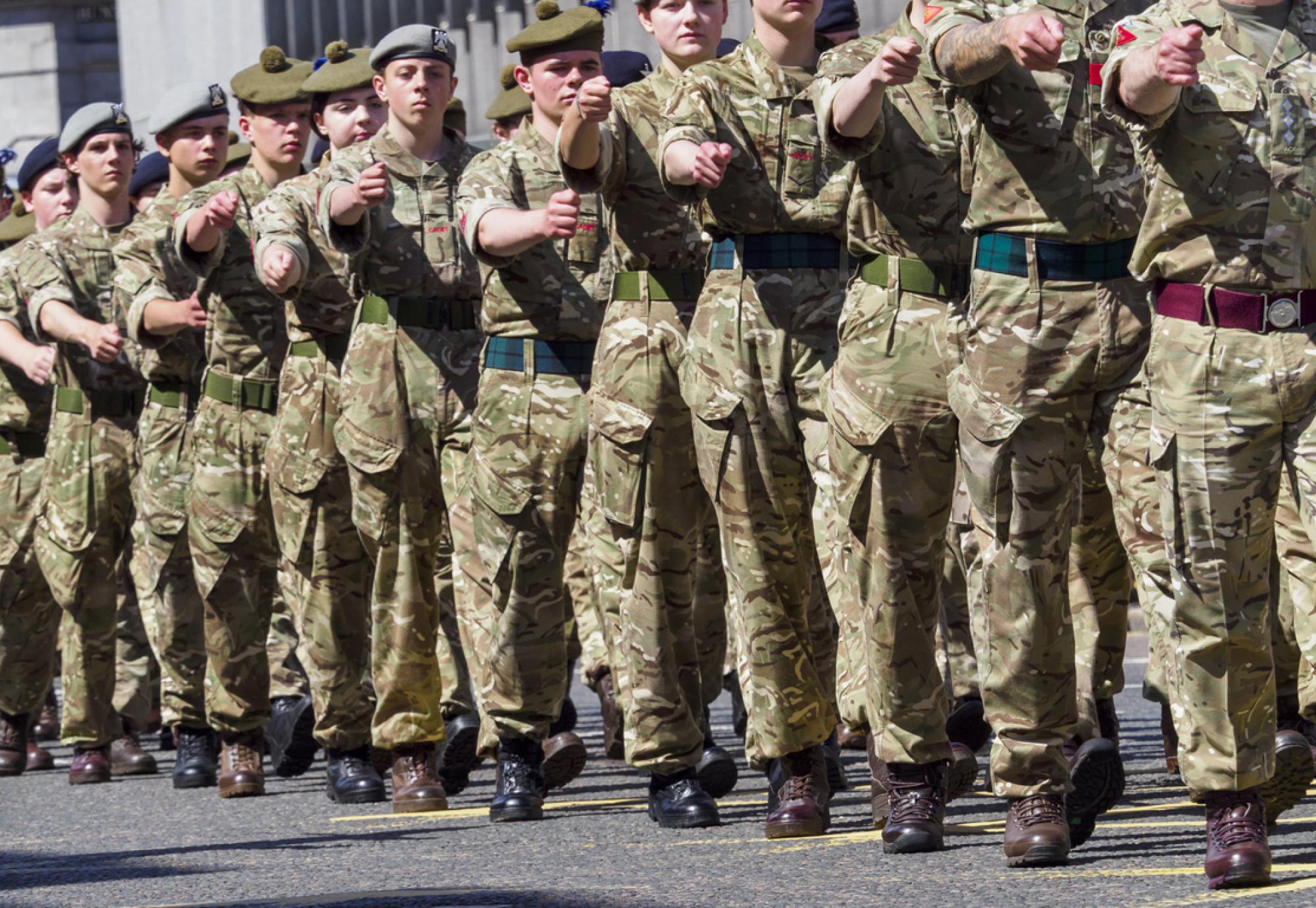 Military Personnel parading on Union Street, Aberdeen during Armed Forces Day, 2023