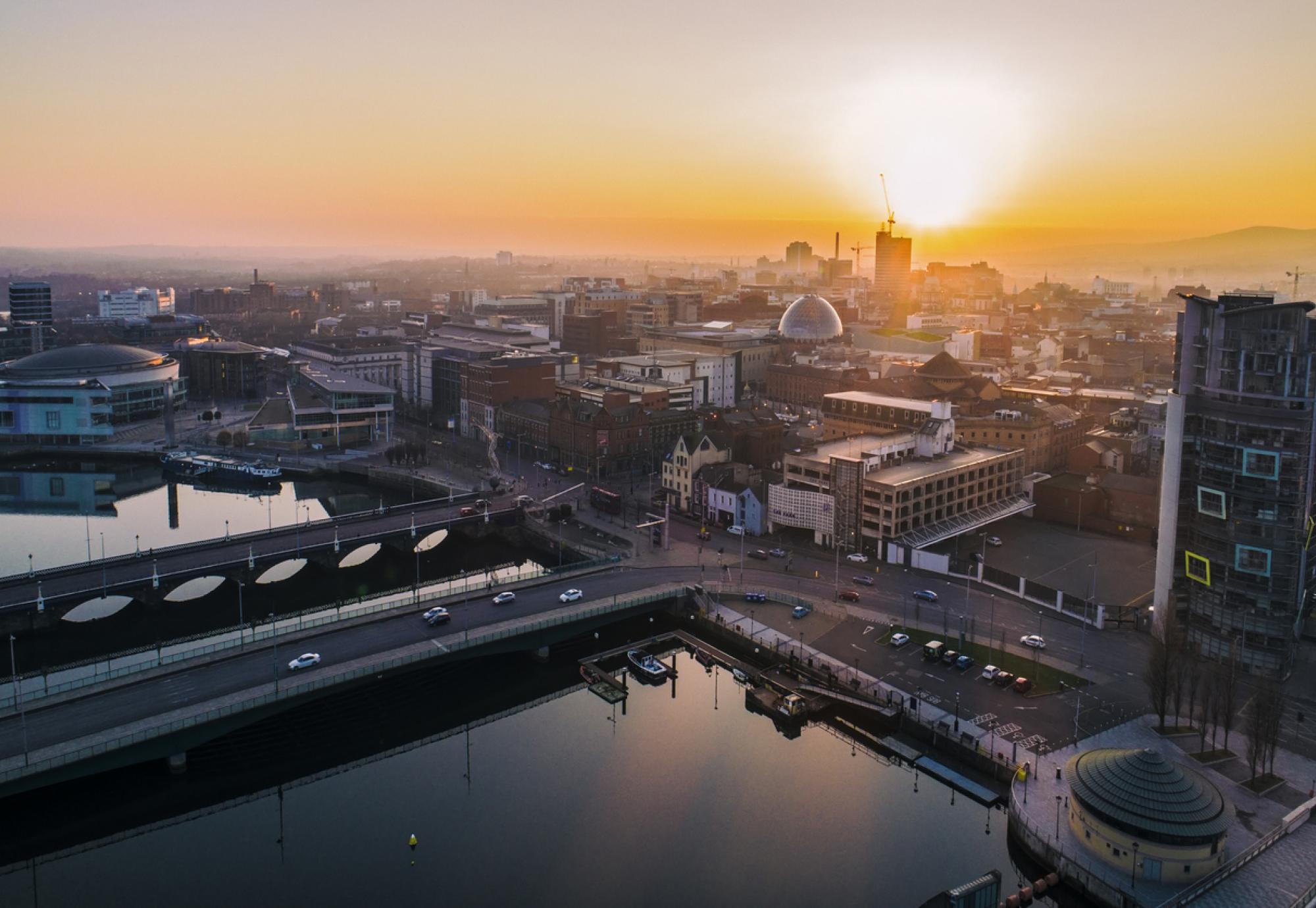 Belfast city centre at sunset