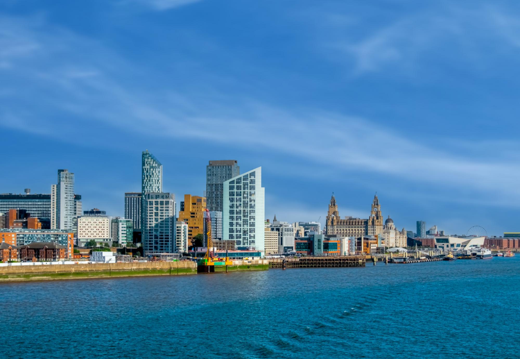 Liverpool City Skyline, Waterfront And The Three Graces