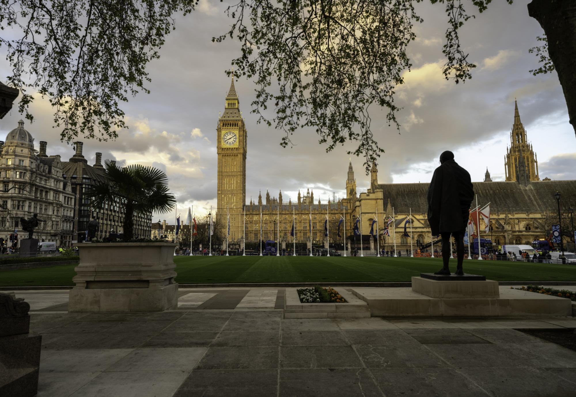 London skyline with the Palace of Westminster, the Houses of Parliament building including the Elizabeth Tower