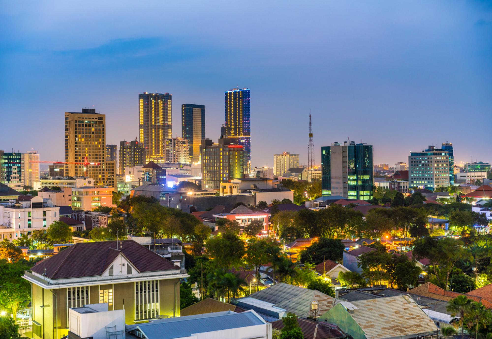 view showing Surabaya City at night, buildings, towers, houses and trees can be seen on the background