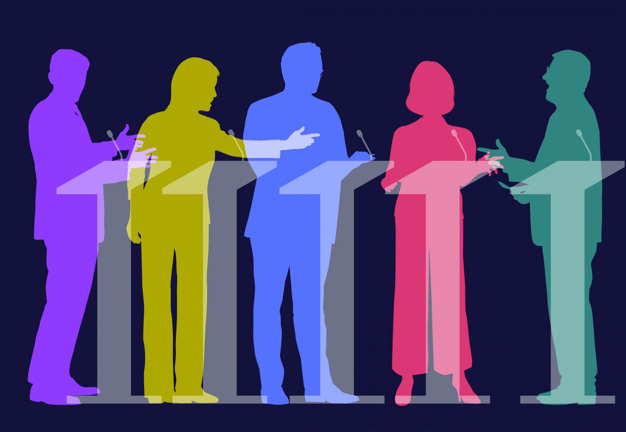Colourful overlapping silhouettes of politicians during a TV Election Debate