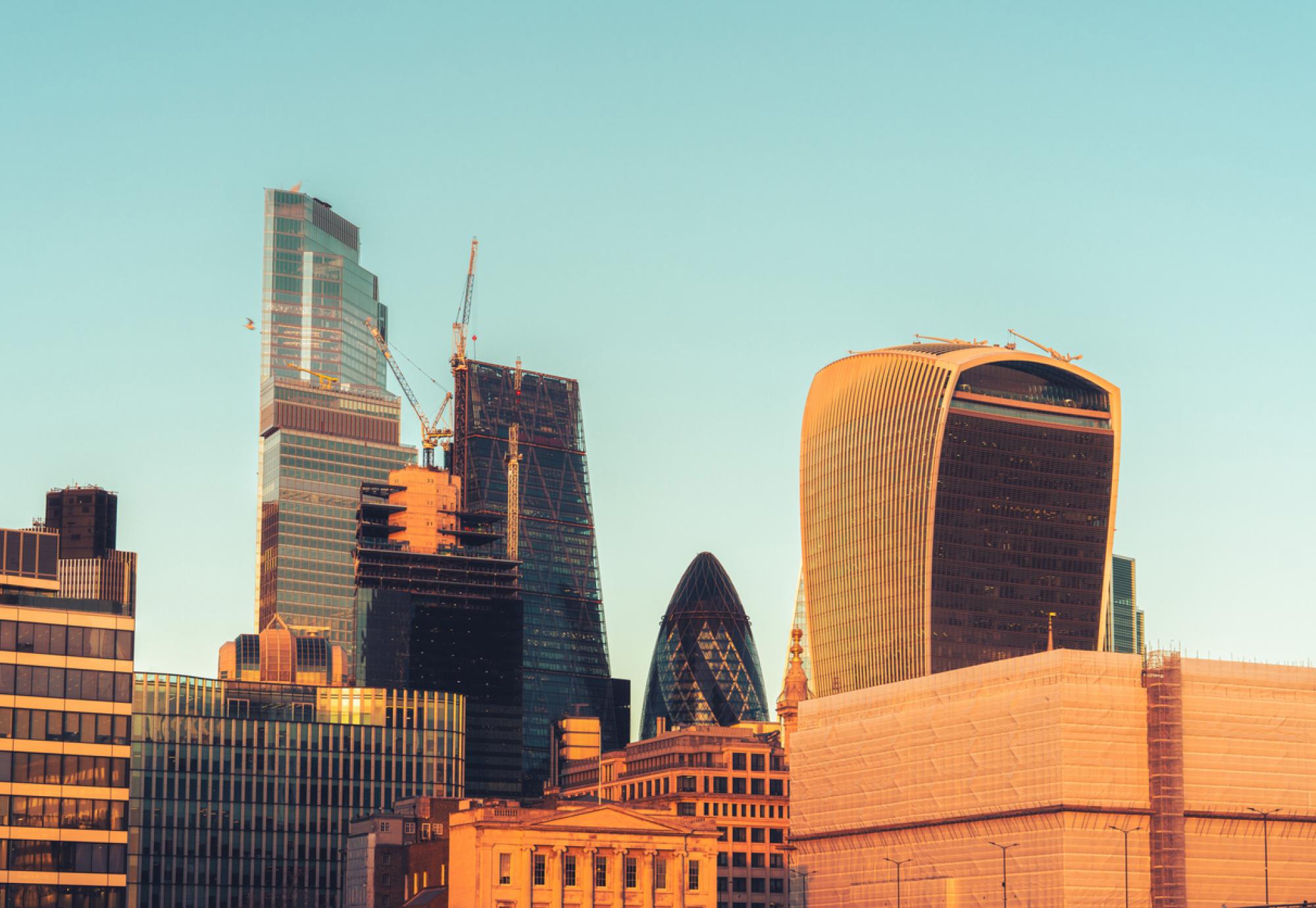 London financial district skyscrapers overlooking River Thames