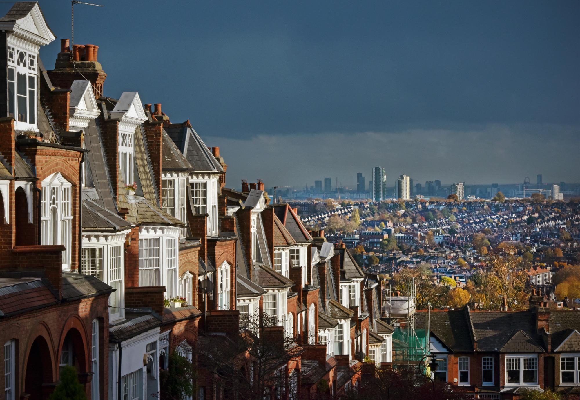 London houses with distant suburban terraces and apartment block