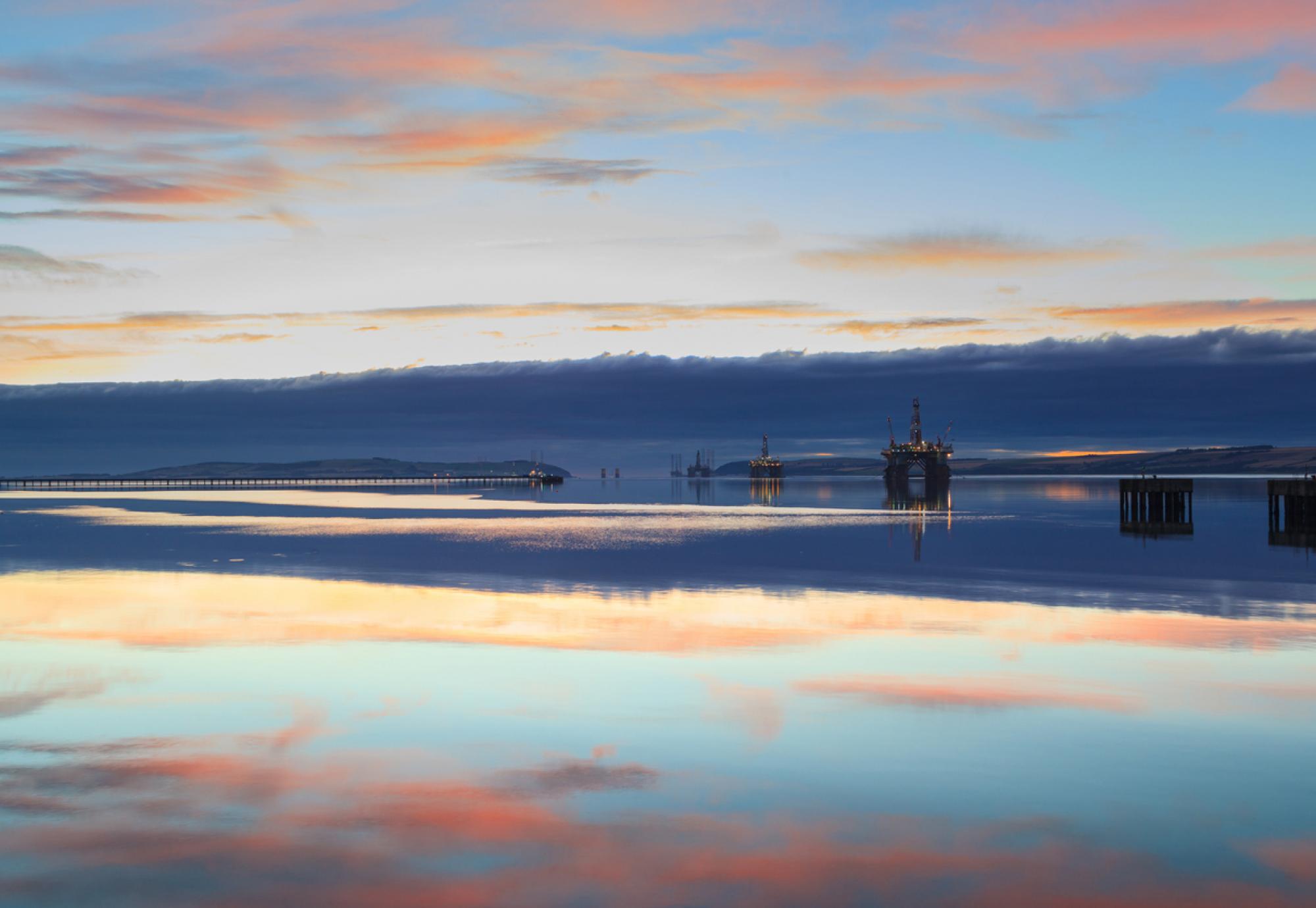 Semi Submersible Oil Rig during Sunrise at Cromarty Firth in Invergordon, Scotland