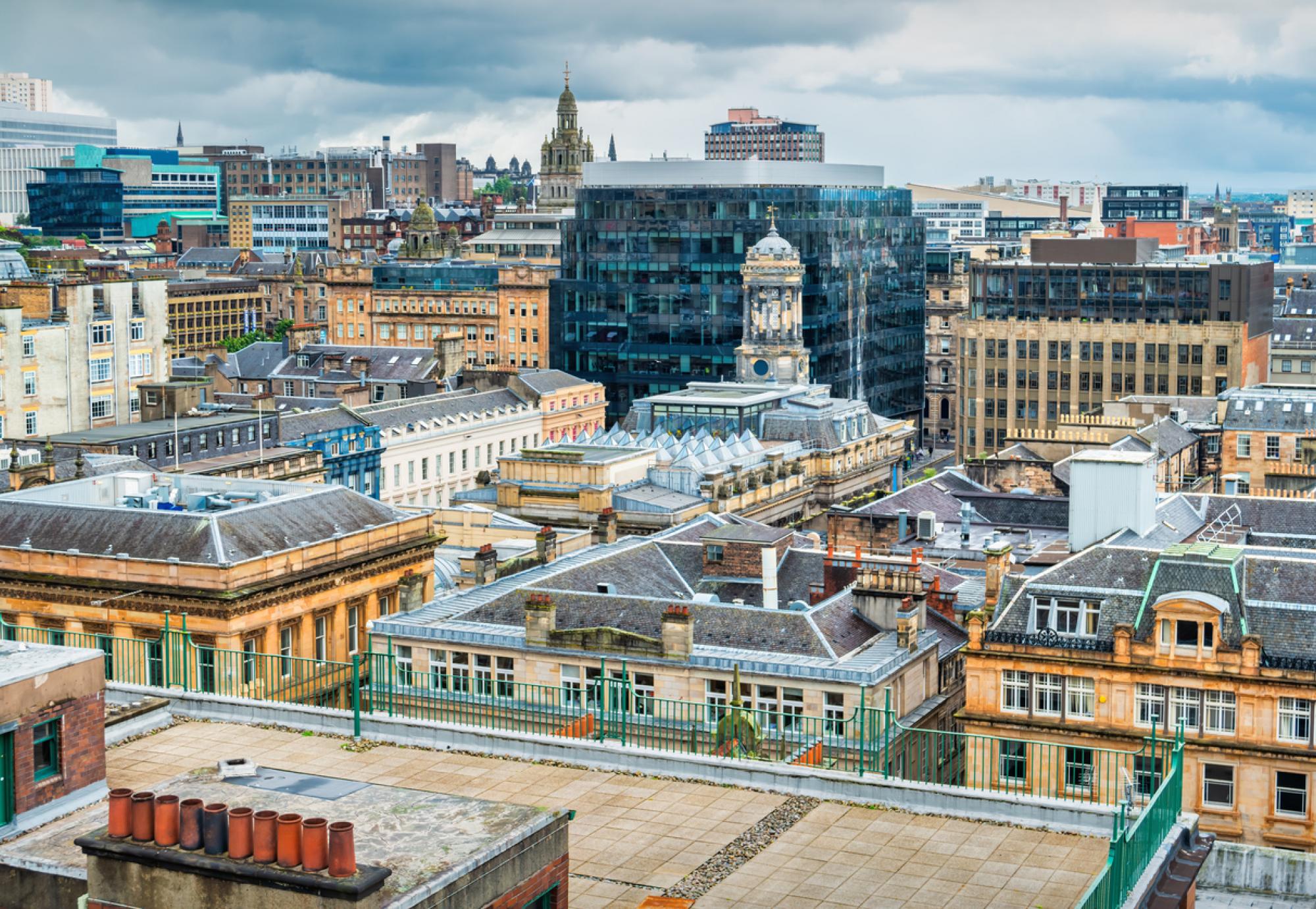 Skyline of downtown Glasgow, Scotland seen from above.