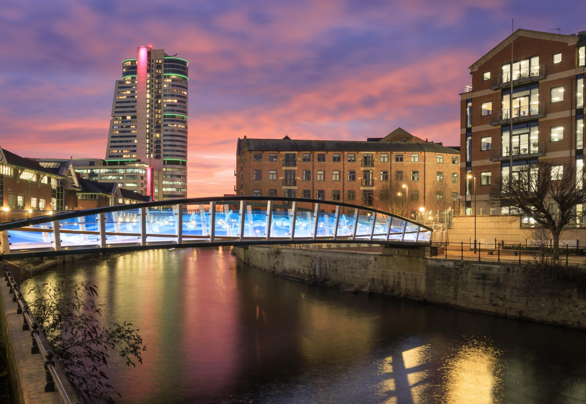 Leeds city centre at sunset.