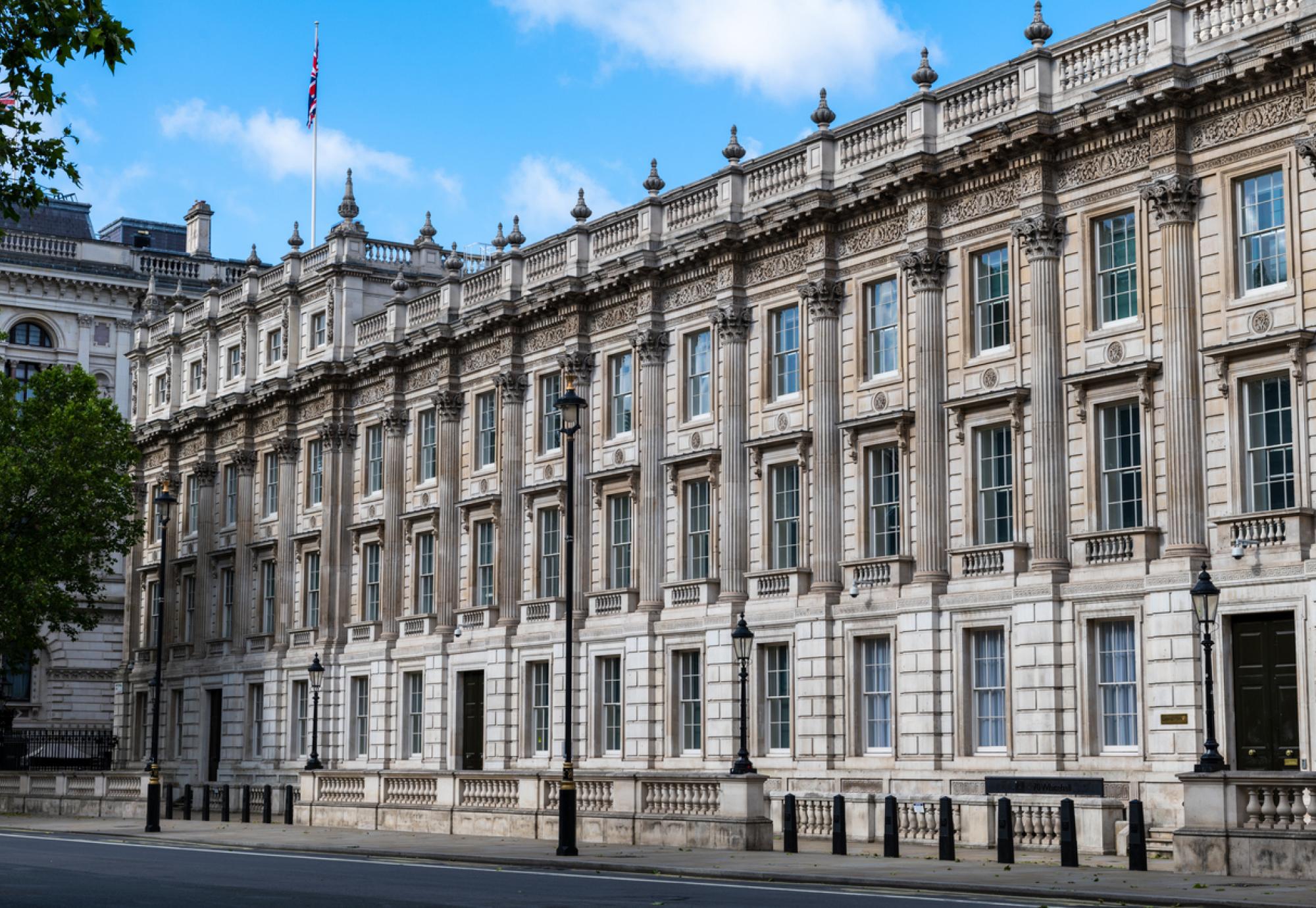 A street view of British government department offices in Whitehall