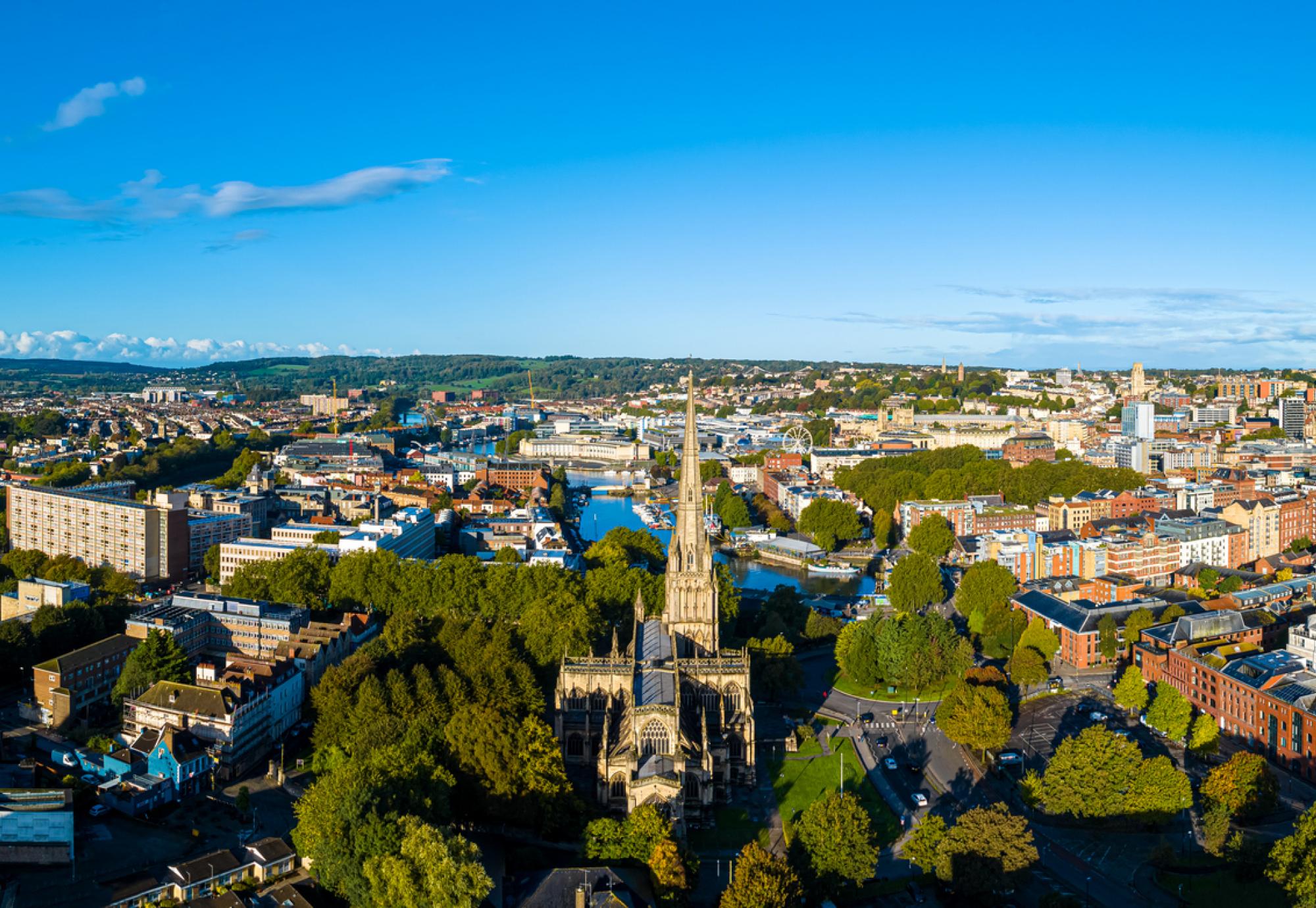 Aerial view of central Bristol in sunny morning