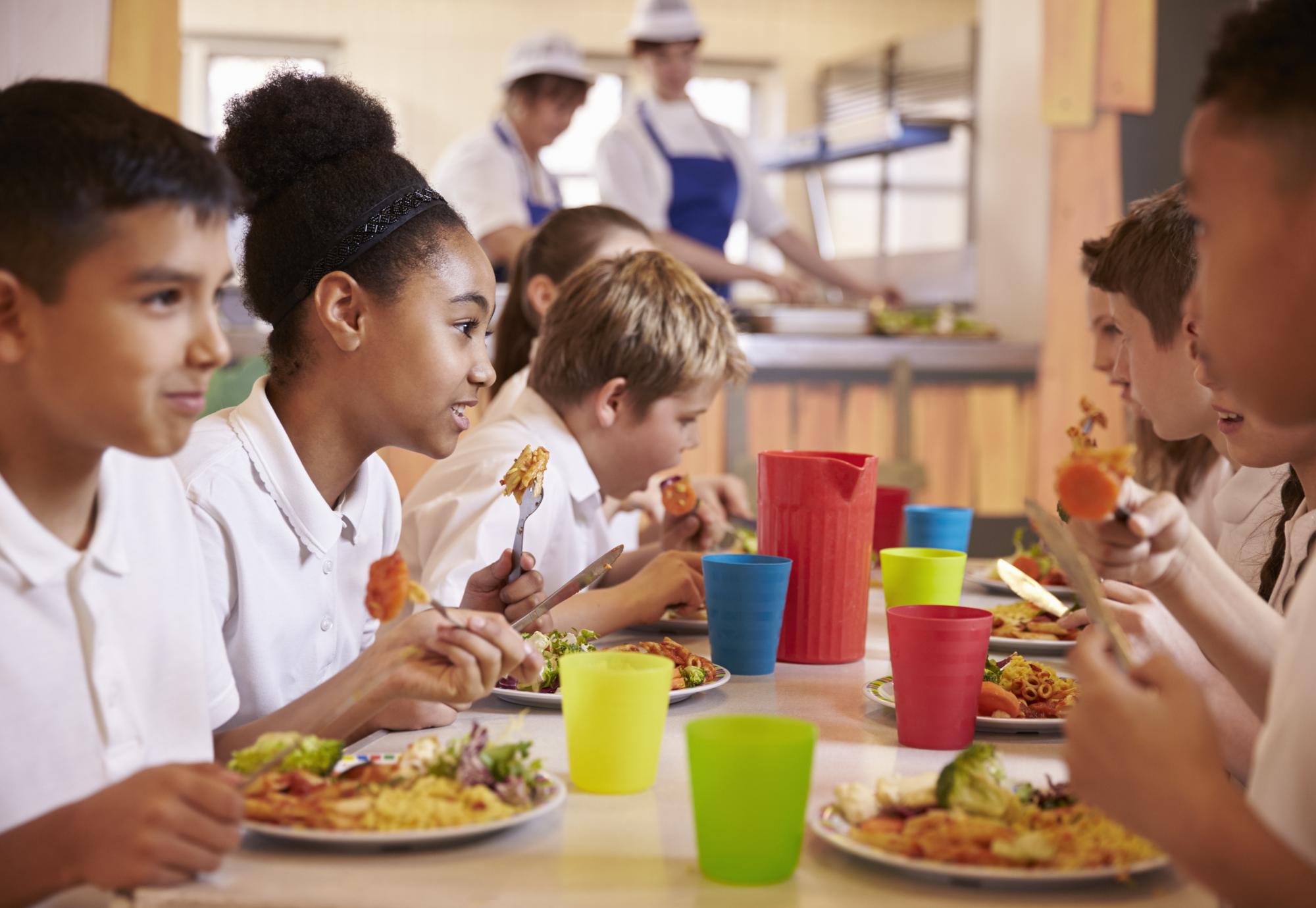 Primary school children eat lunch in school cafeteria