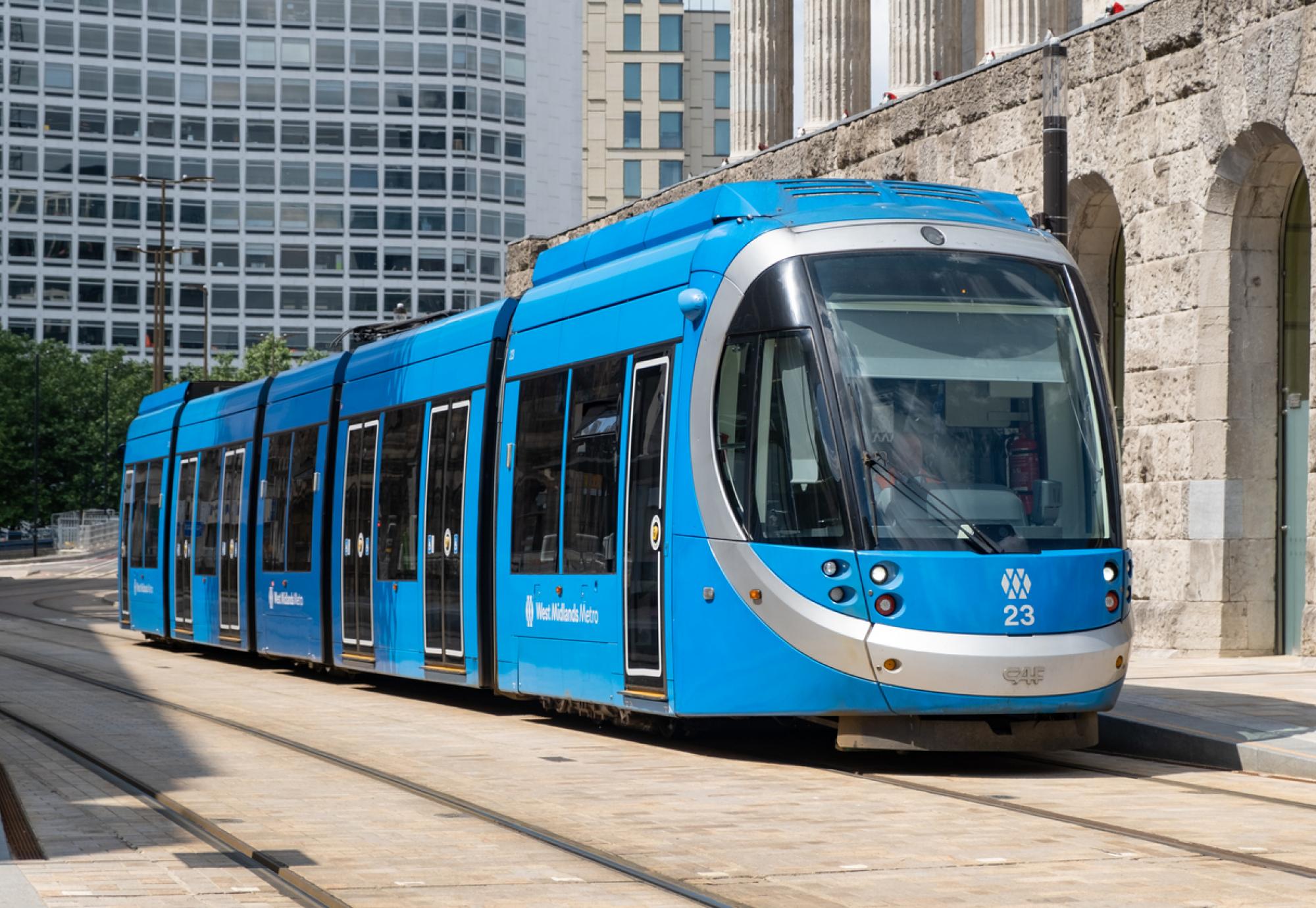 A blue West Midlands Metro tram