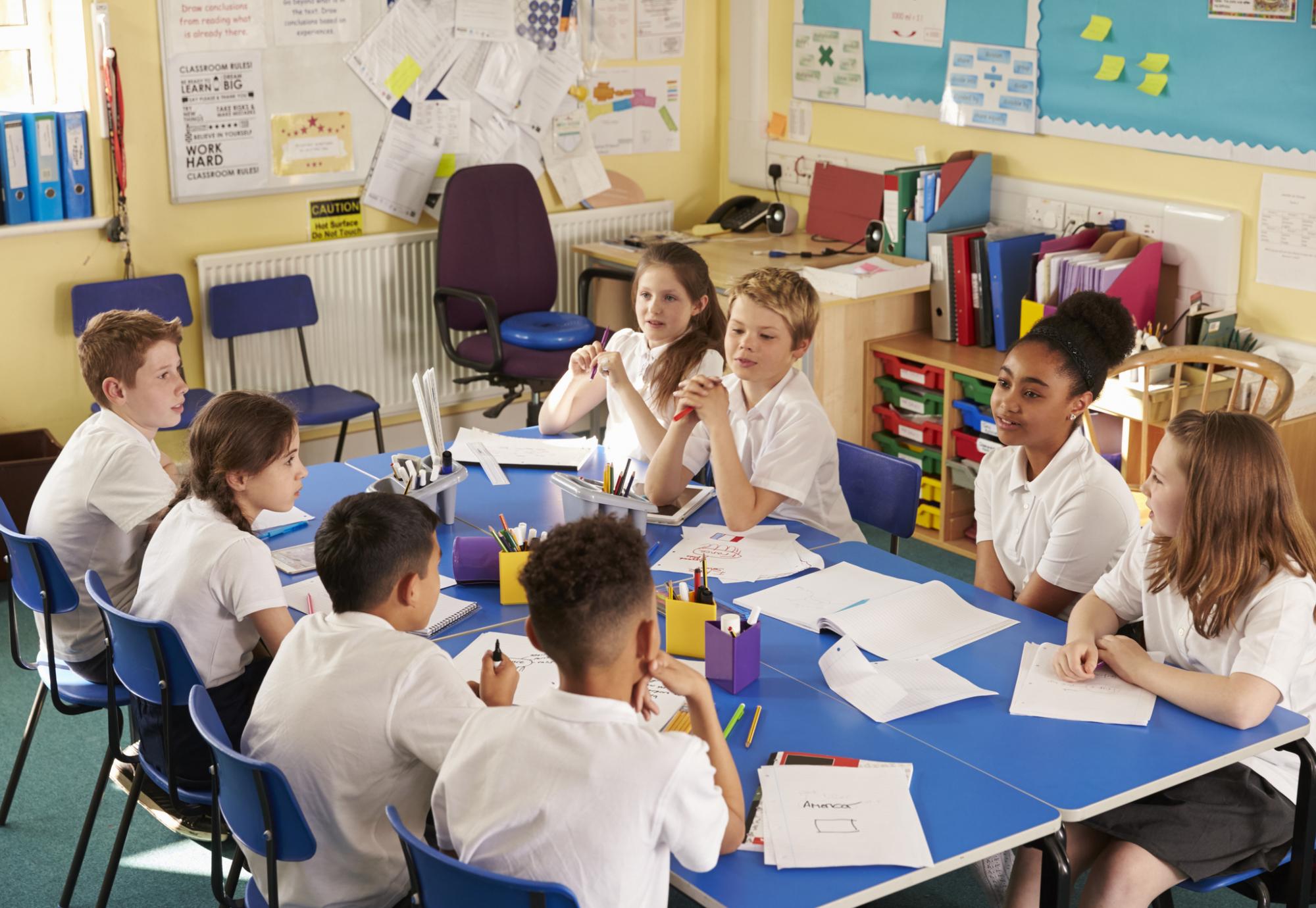 School kids work together