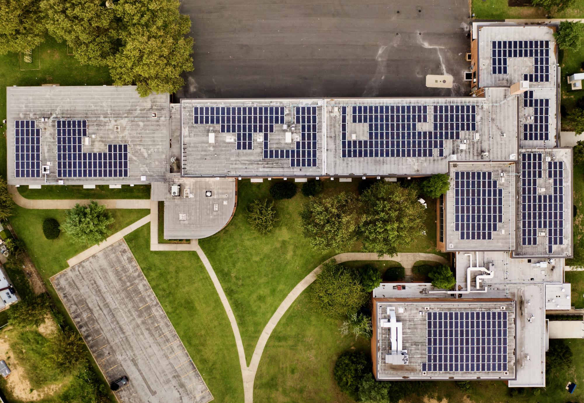 Solar panels on the roof of a public building