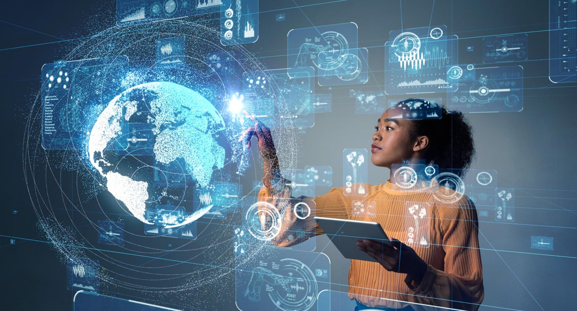 Women touching virtual digital interface