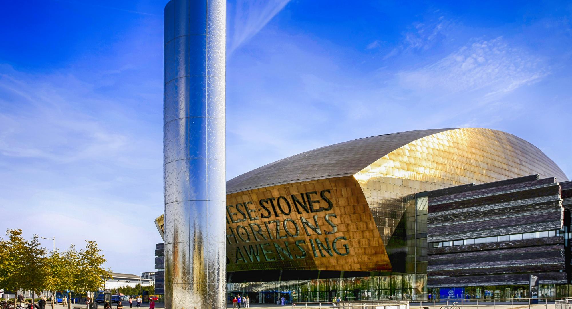 The Wales Millenium Centre building and Torchwood column in Cardiff.