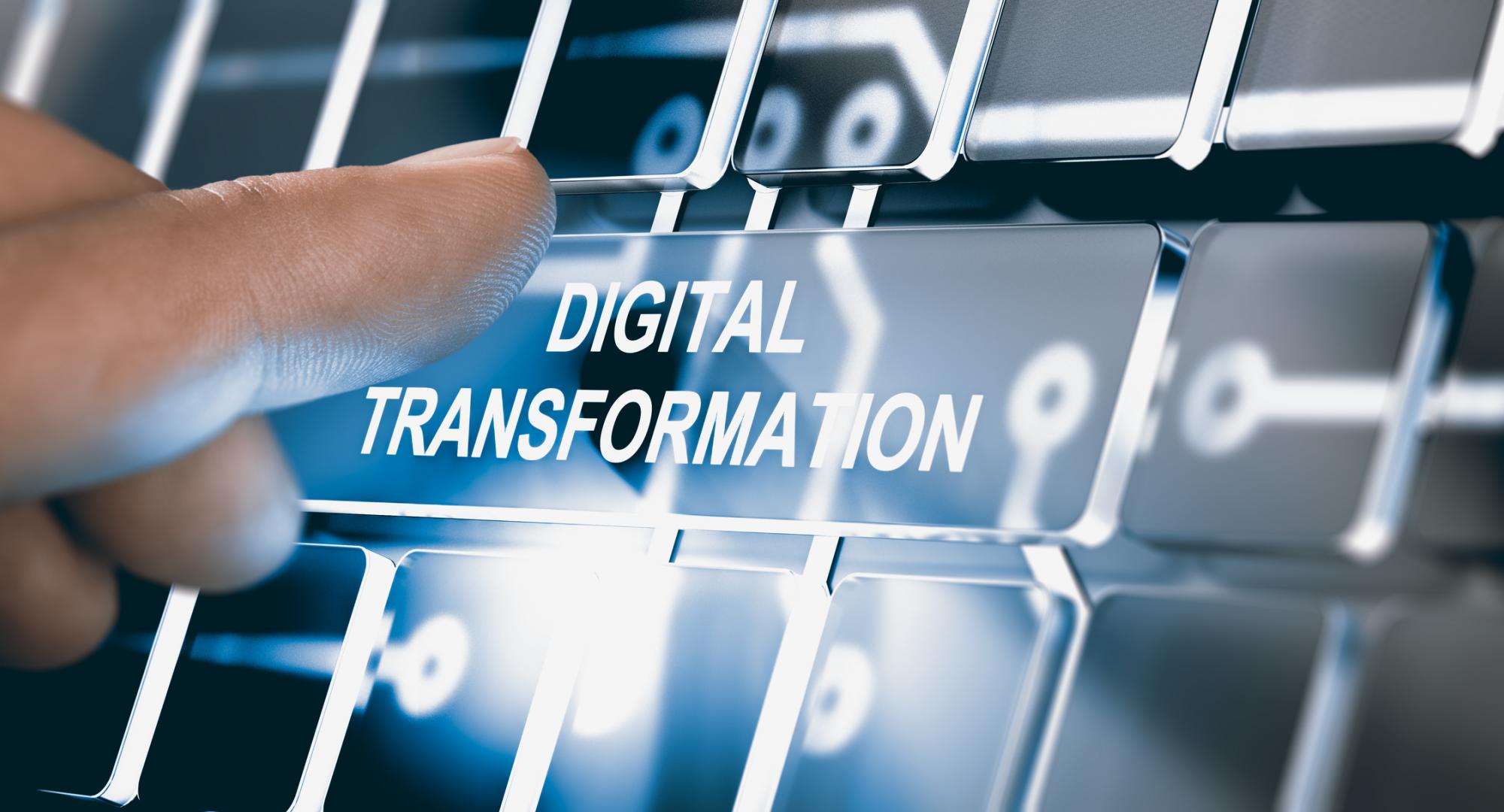Graphical representation of a button with "digital trasnformation" written on it.