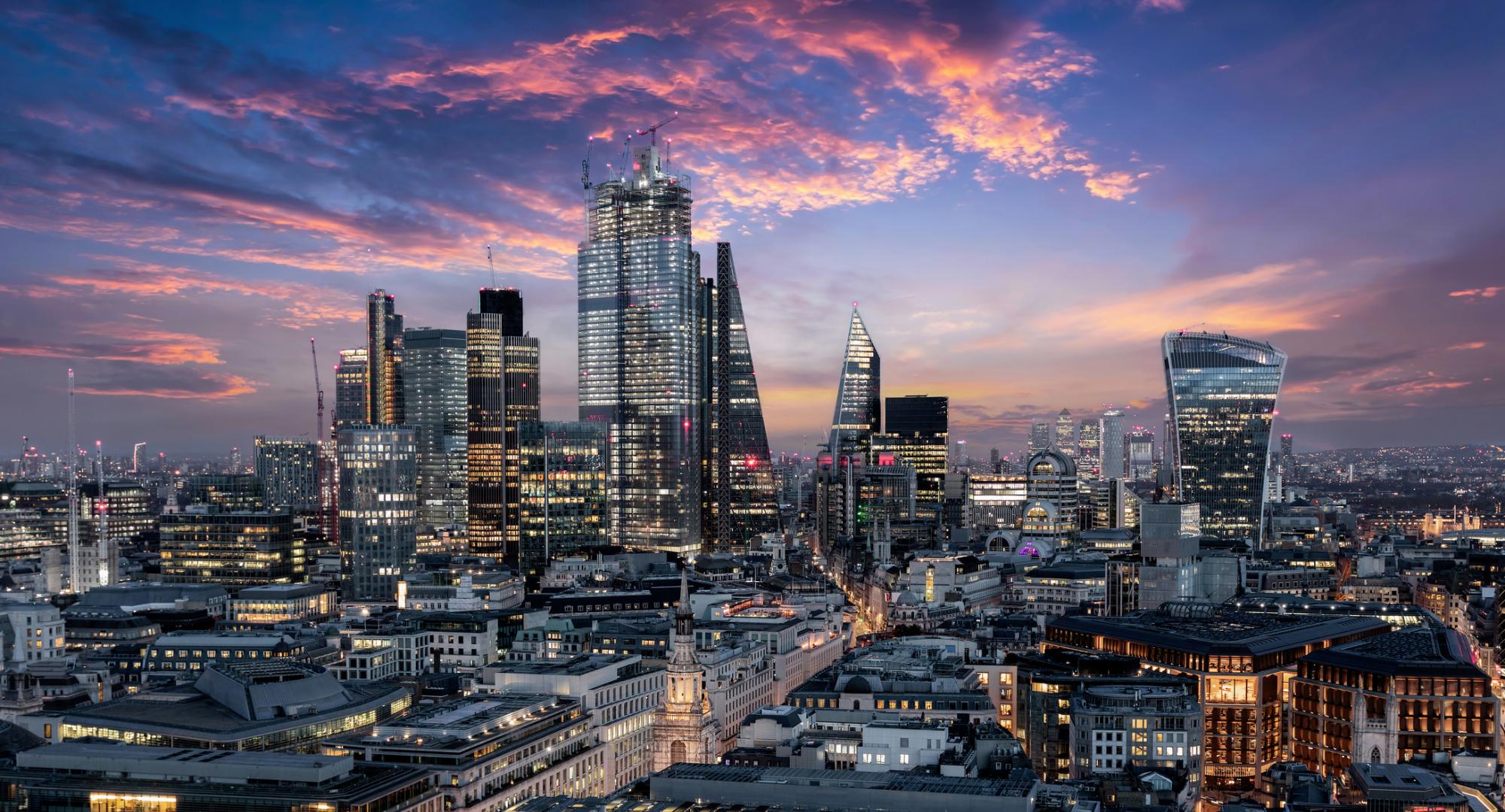 Picture of London's financial district at night.