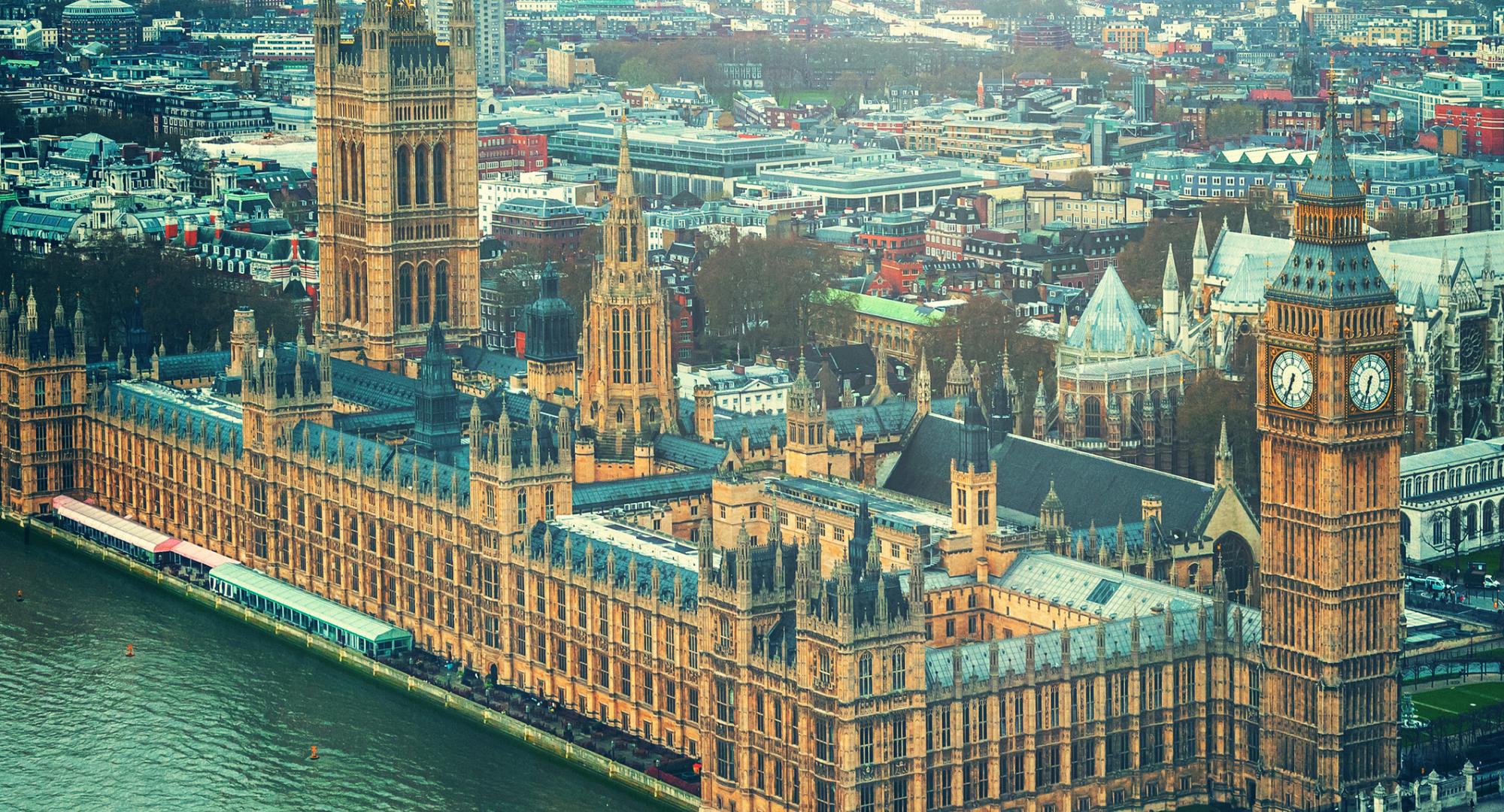 Big Ben and the House of Parliament in London taken from a drone.