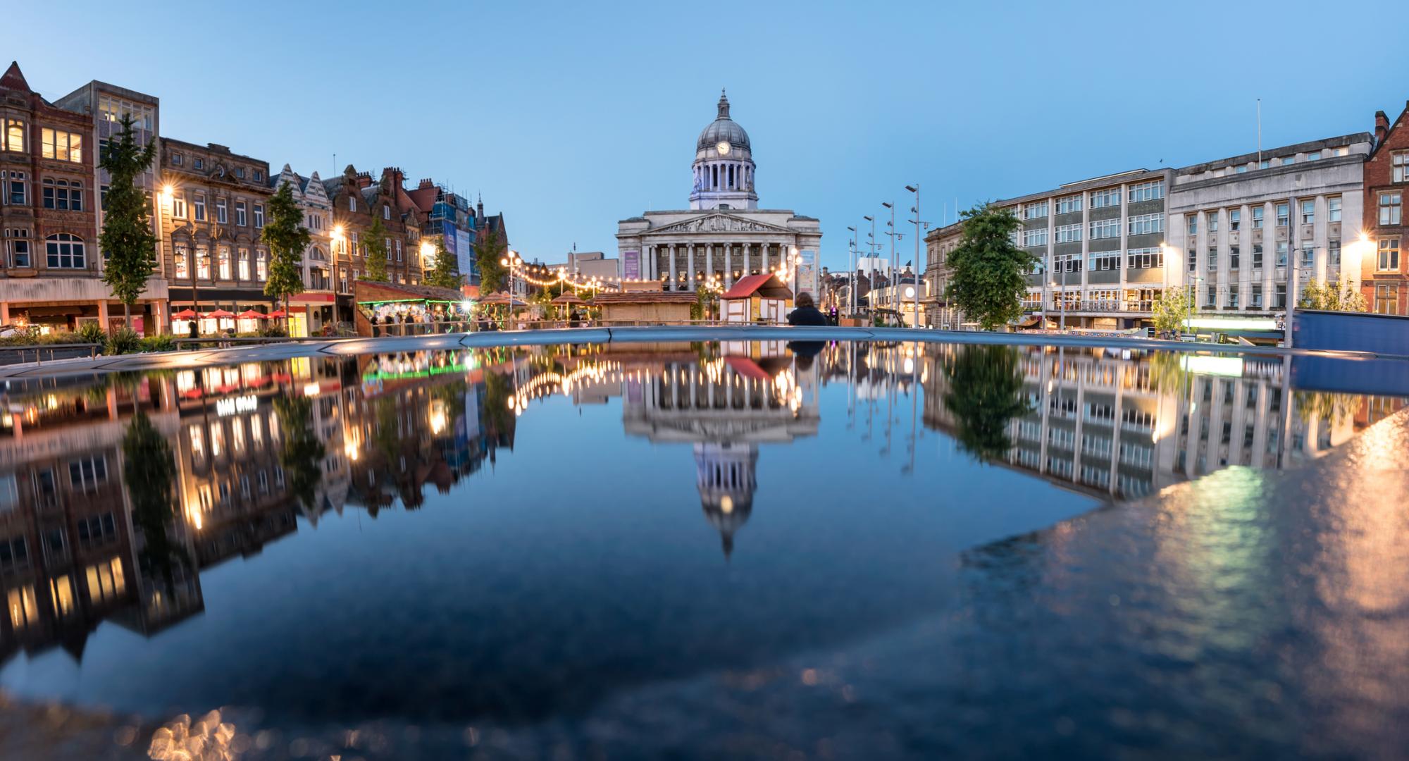 Nottingham City Hall at night.